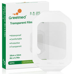 GreetMed transparent film dressing 50-pack on skin, compact for first aid kits.