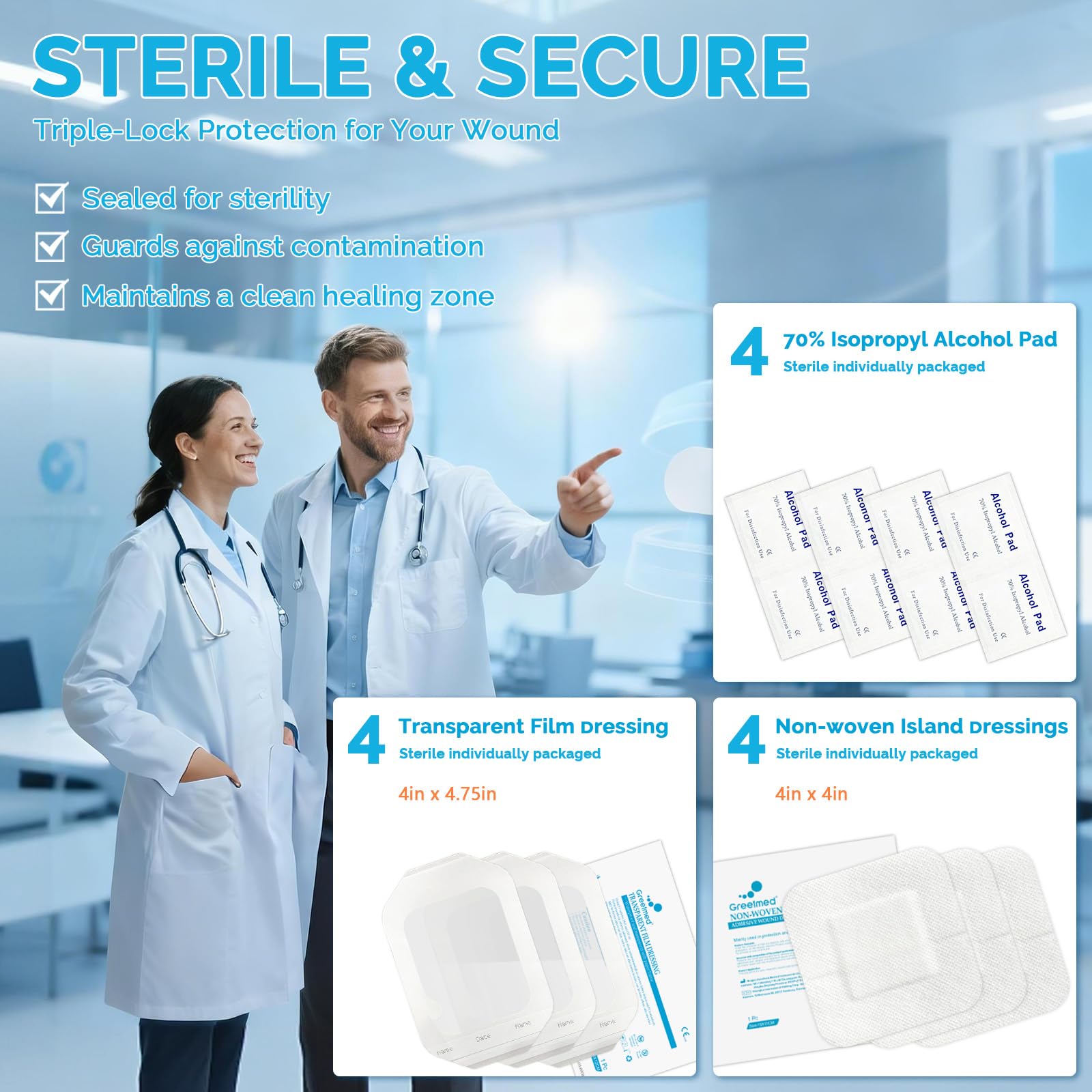 Greetmed waterproof film dressings protecting a wound from moisture.