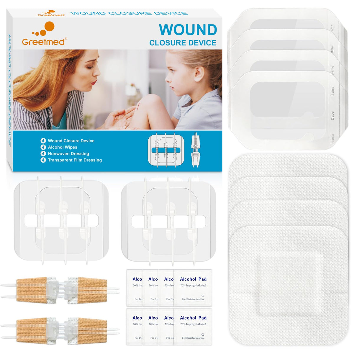 Greetmed Zipstitch kit overview showing a complete wound care set.