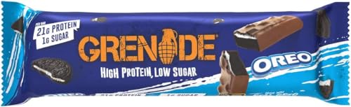 Grenade Oreo vanilla bar cross-section shows layered protein and cocoa.