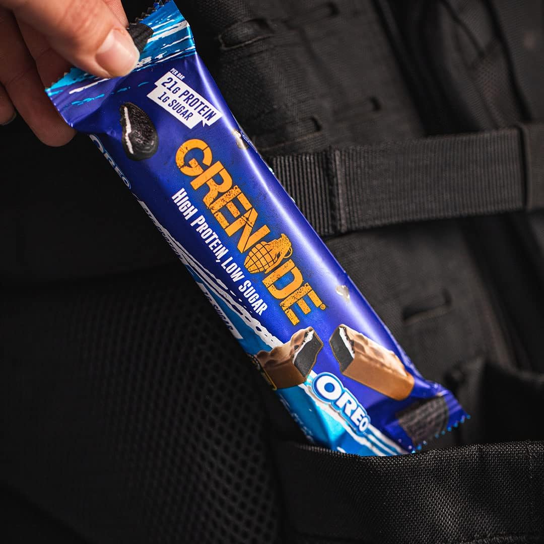 Grenade packaging angle vanilla Oreo pack displays brand and product details.