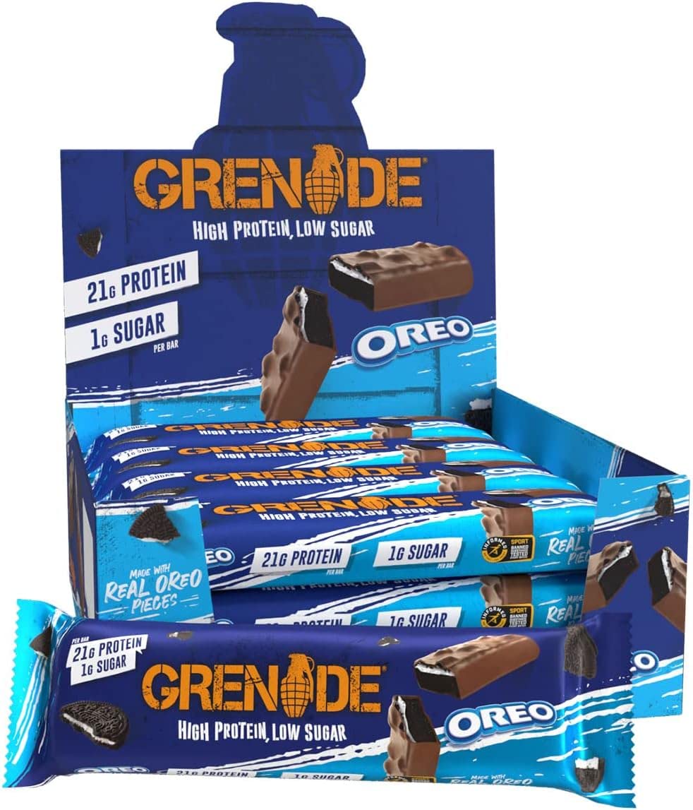 Grenade protein bar vanilla Oreo packshot highlighting high protein and indulgence.