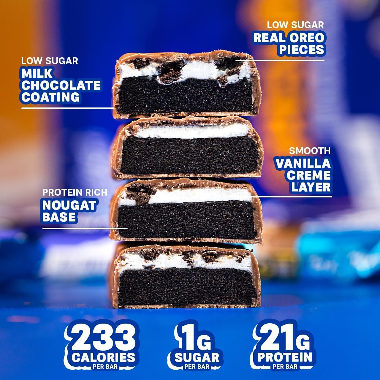 Grenade vanilla Oreo bar chocolate topping close-up with low sugar profile.