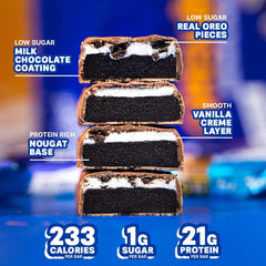 Grenade vanilla Oreo bar chocolate topping close-up with low sugar profile.