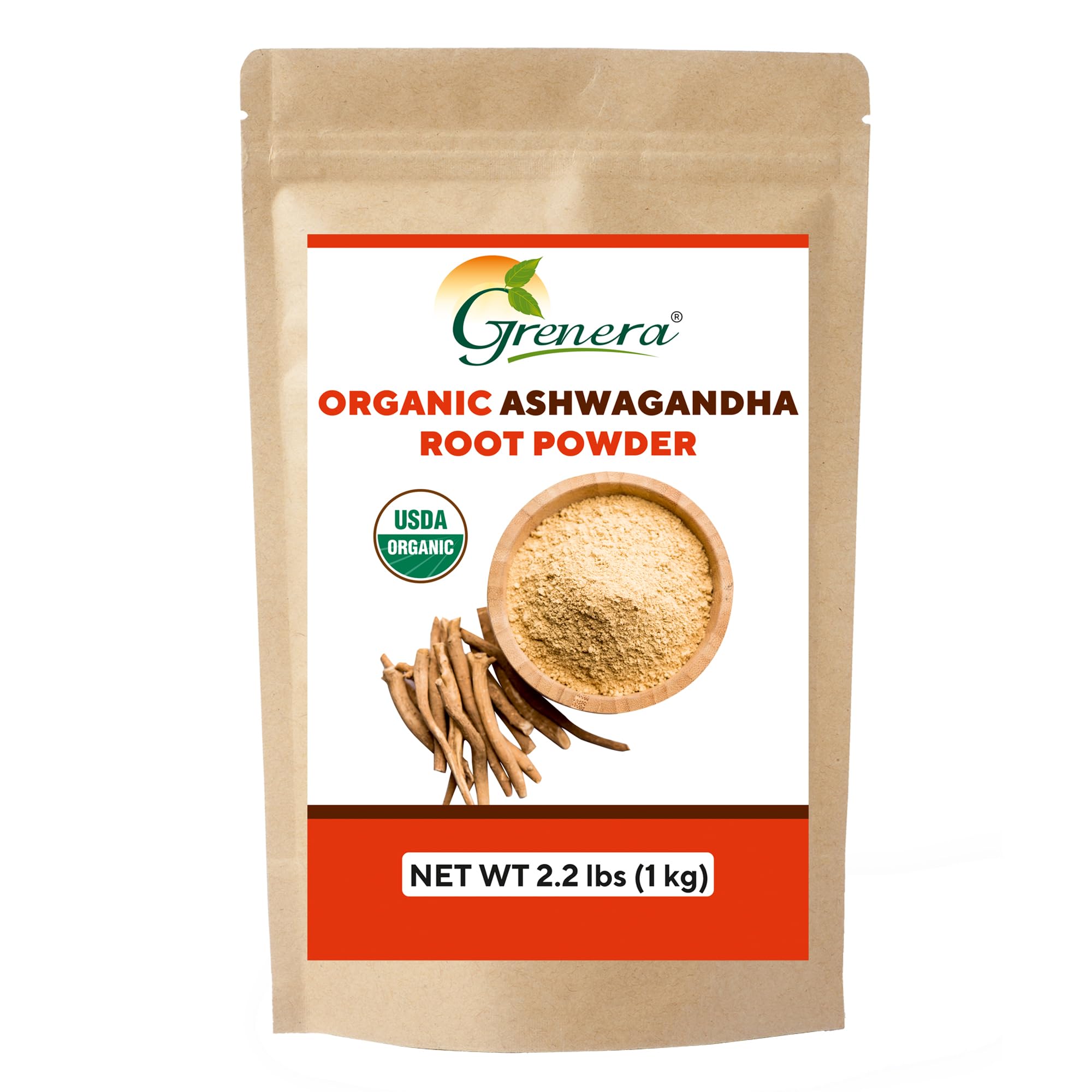 Grenera Ashwagandha powder bottle with earthy aroma for daily use.