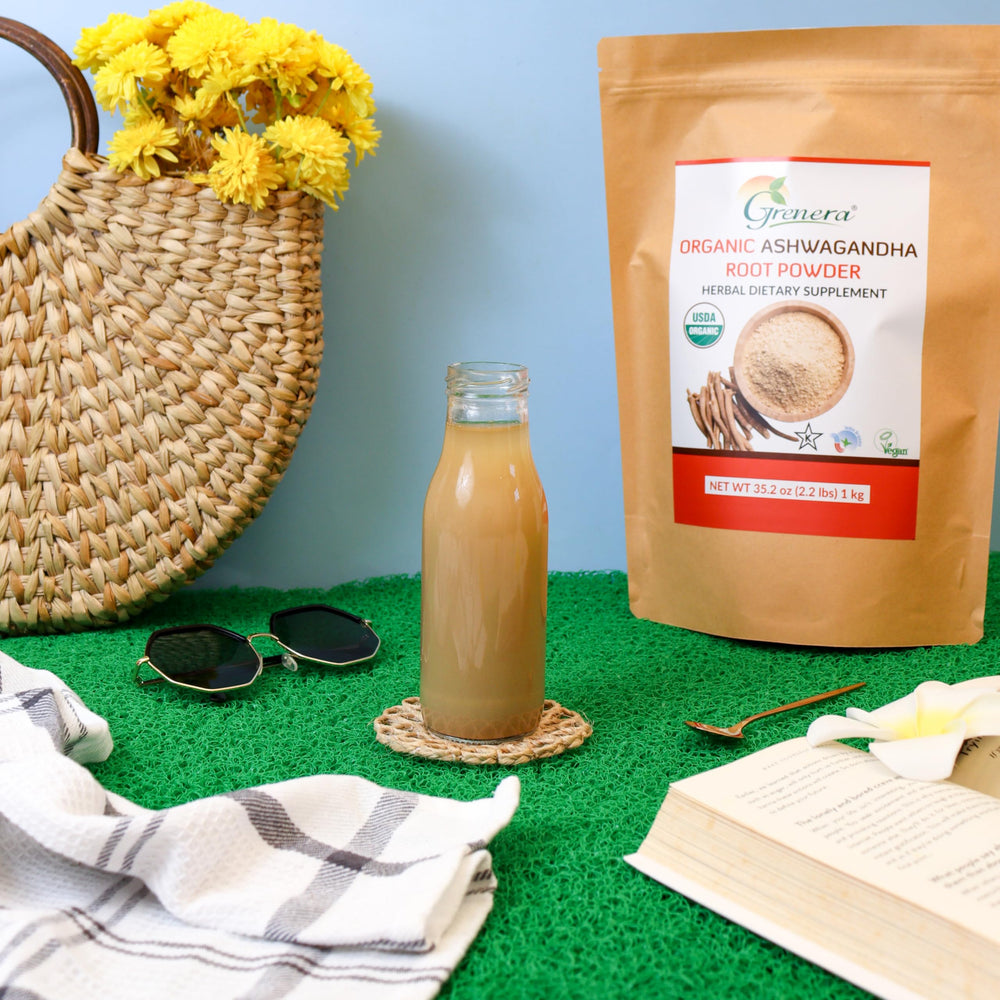 Grenera Ashwagandha powder in a kitchen pantry, ready for routines.