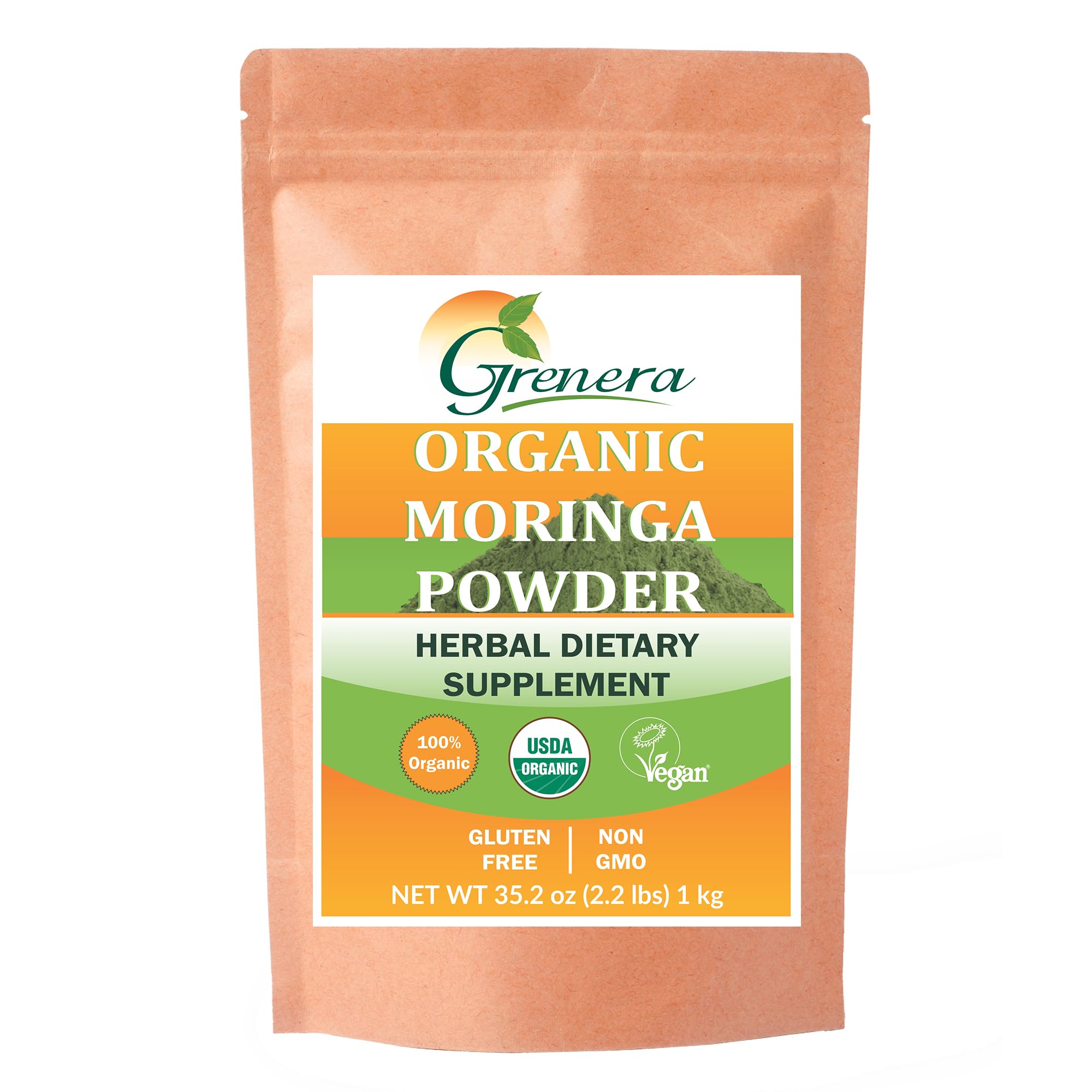 Grenera Organic Moringa Powder bottle pour; a fresh, nutrient-dense boost for smoothies.