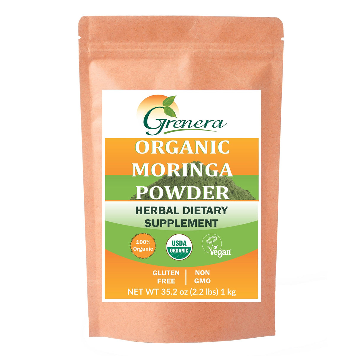 Grenera Organic Moringa Powder bottle pour; a fresh, nutrient-dense boost for smoothies.