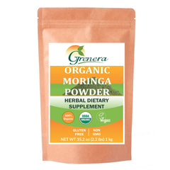 Grenera Organic Moringa Powder bottle pour; a fresh, nutrient-dense boost for smoothies.
