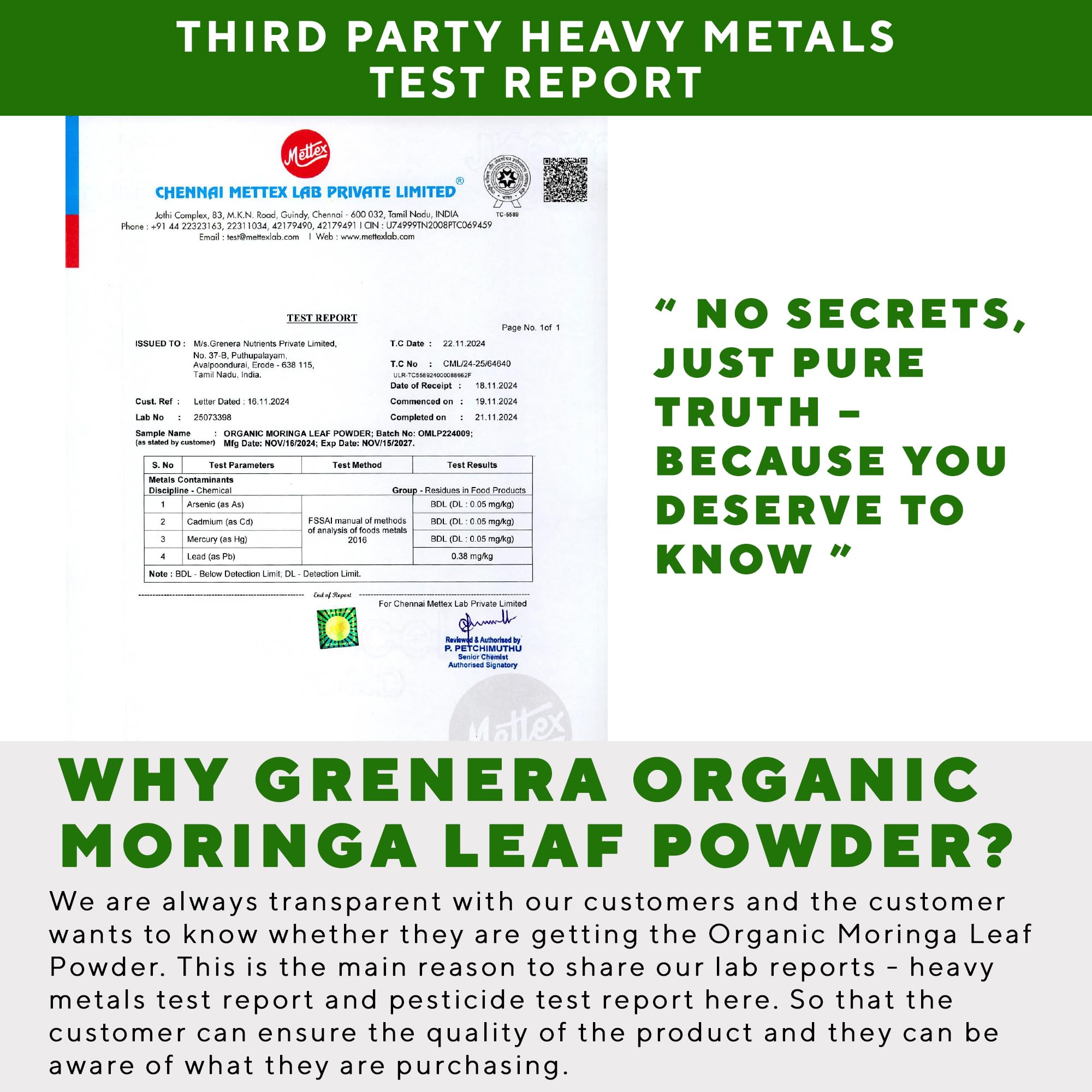 Grenera Organic Moringa Powder closeup leaves; highlights raw, organic ingredients and farm-direct quality.