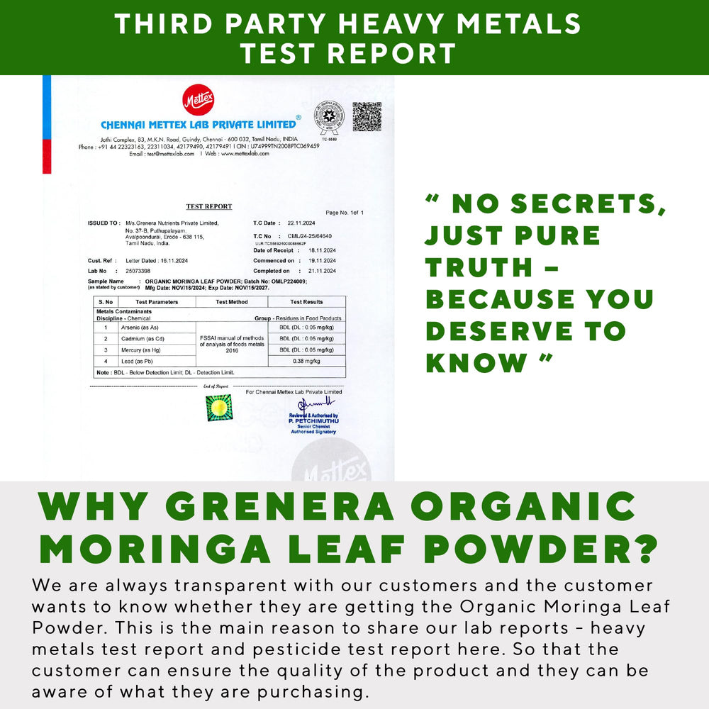 Grenera Organic Moringa Powder closeup leaves; highlights raw, organic ingredients and farm-direct quality.