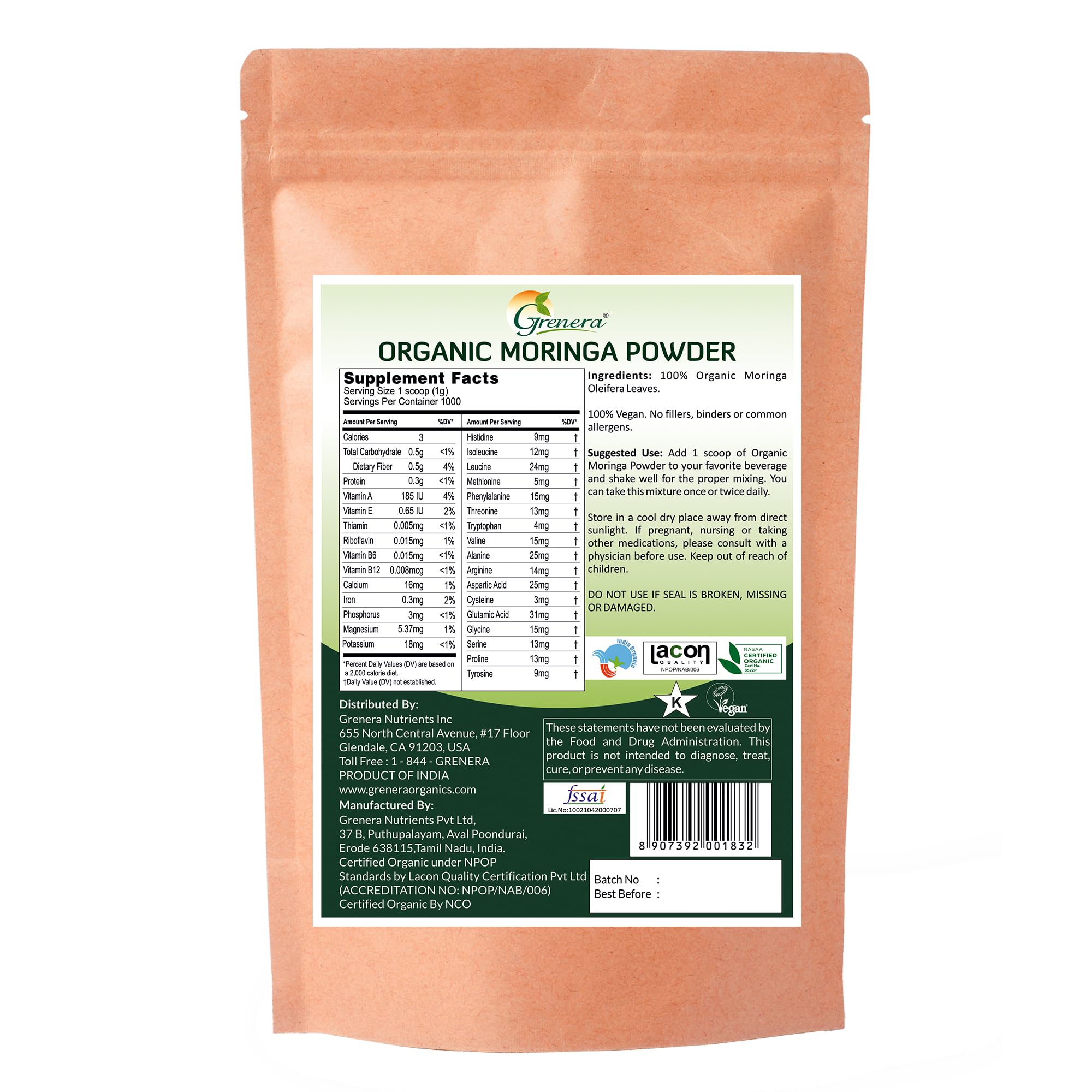 Grenera Organic Moringa Powder farm direct origin; traceable from organic southern India.