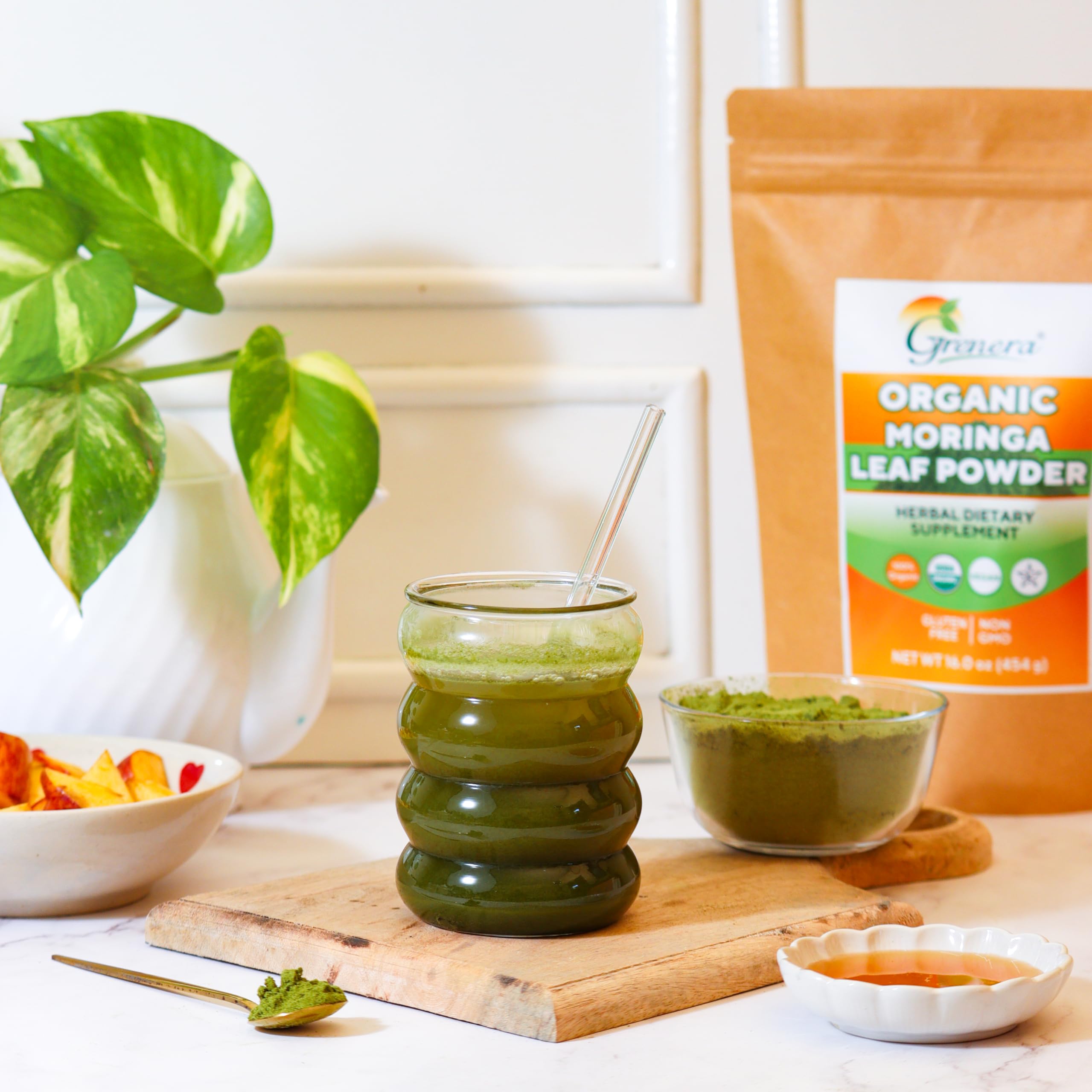Grenera Organic Moringa Powder morning smoothie; versatile flavor boost and nutrient-friendly addition.