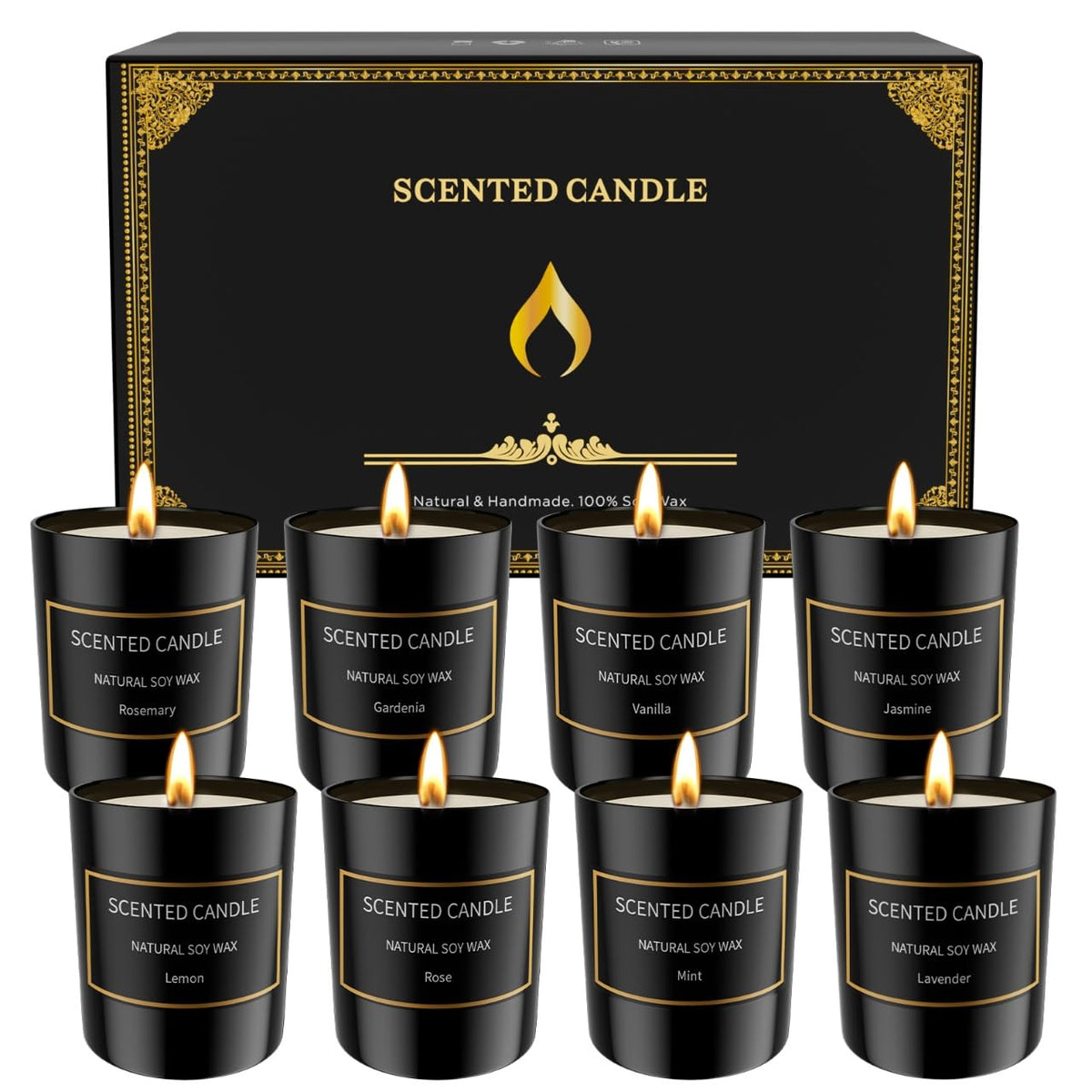 Grestar 8 pack soy candles set in assorted fragrances for mood enhancing ambiance.