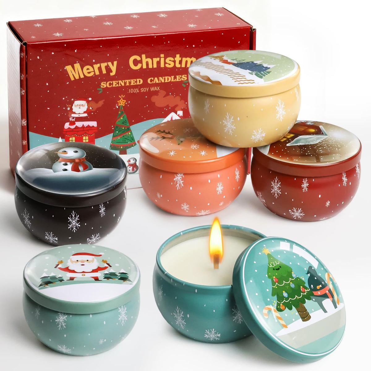 Grestar six-pack Christmas candles in festive packaging for cozy home décor.