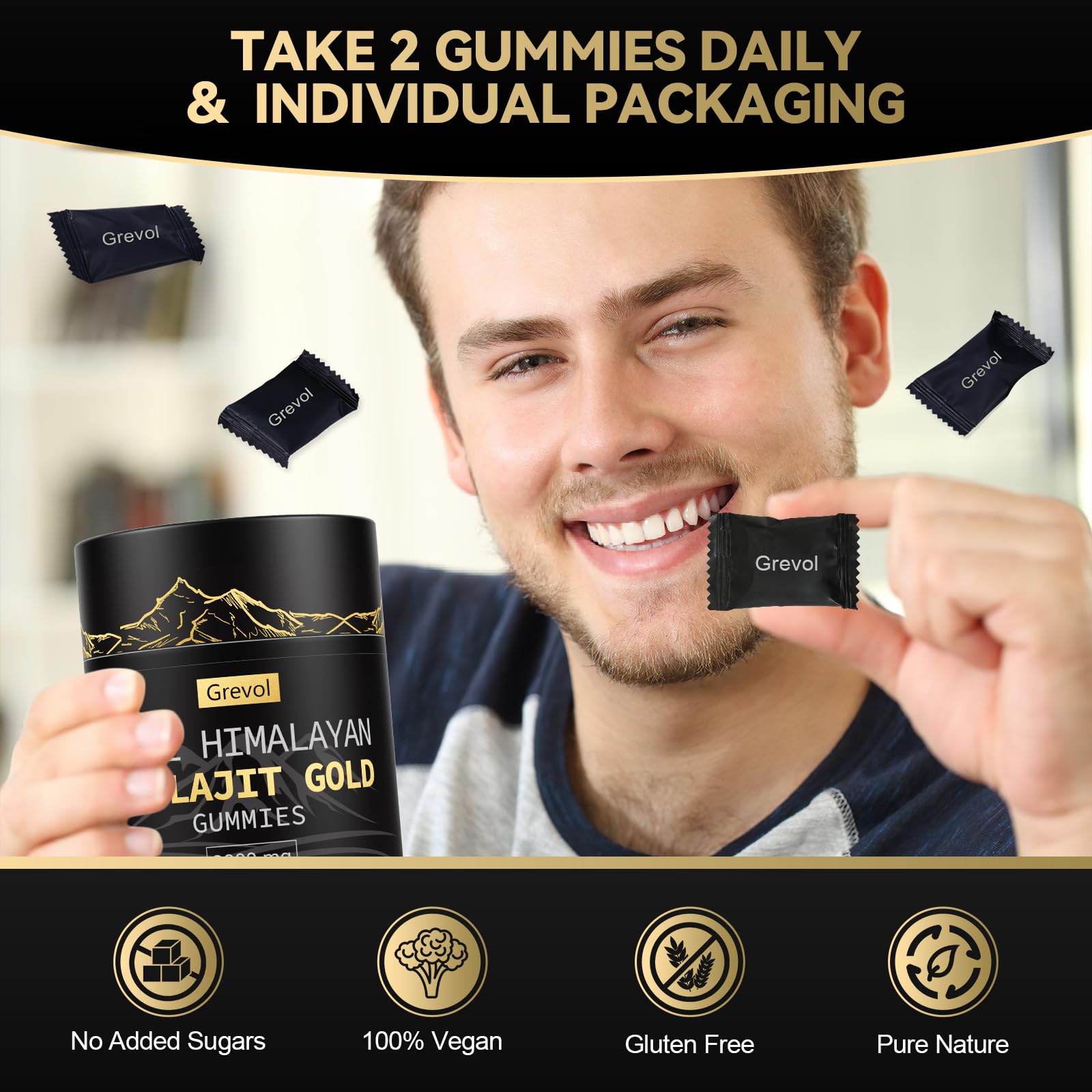 Grevol Shilajit Gummies individually wrapped packets