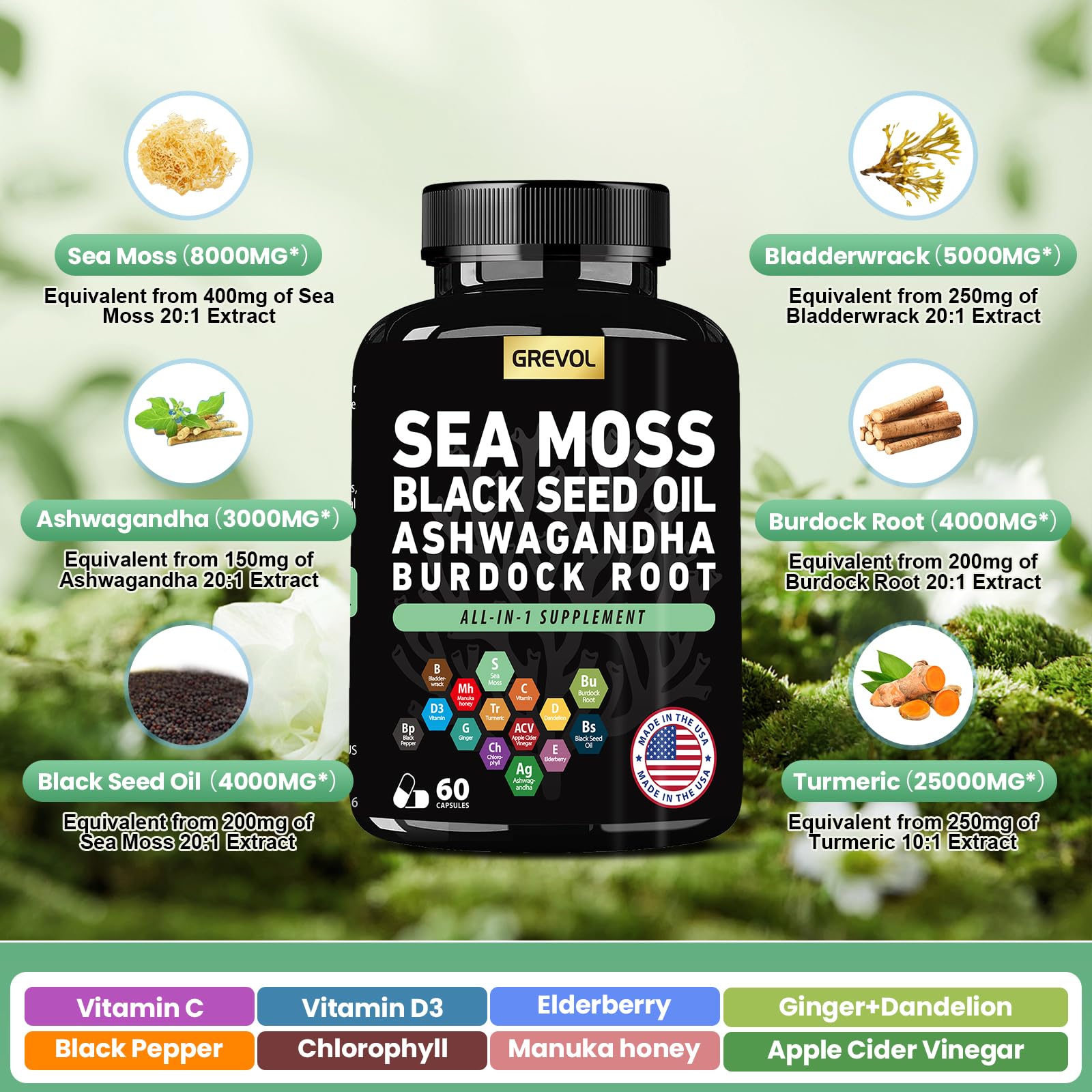 Grevol Sea Moss capsules on a countertop with water for easy daily intake.