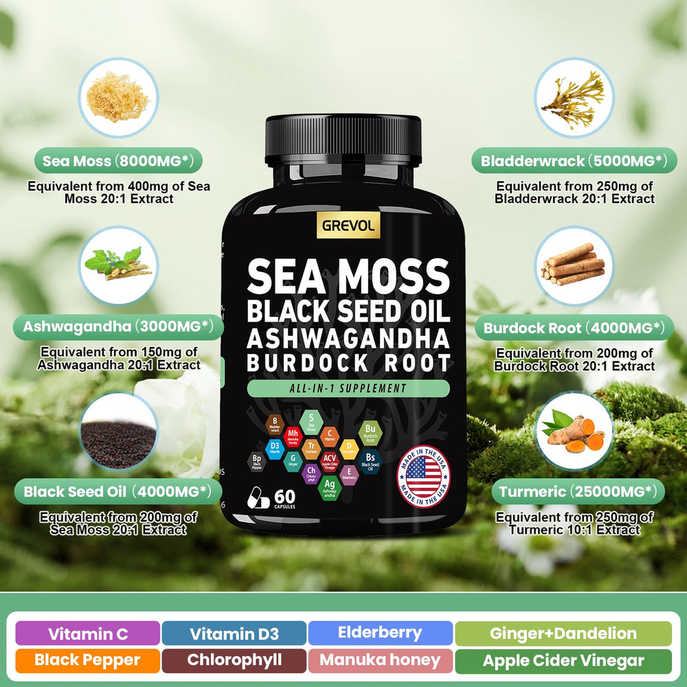 Grevol Sea Moss capsules on a countertop with water for easy daily intake.