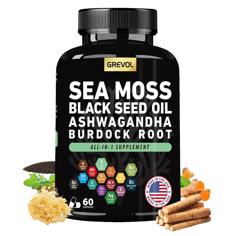 Grevol Sea Moss capsules bottle front view for daily vitality.