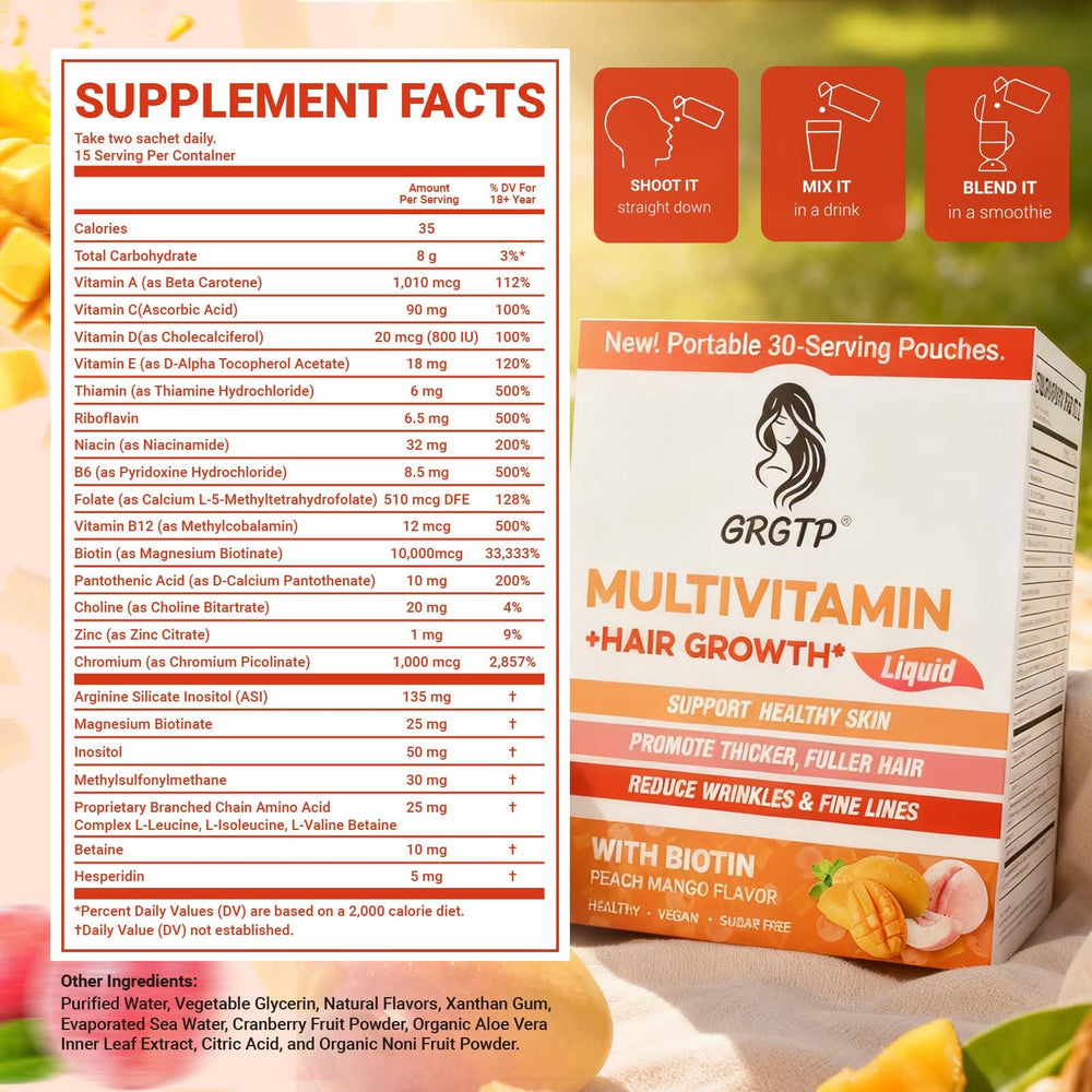 GRGTP glass of peach mango liquid highlighting taste and formula