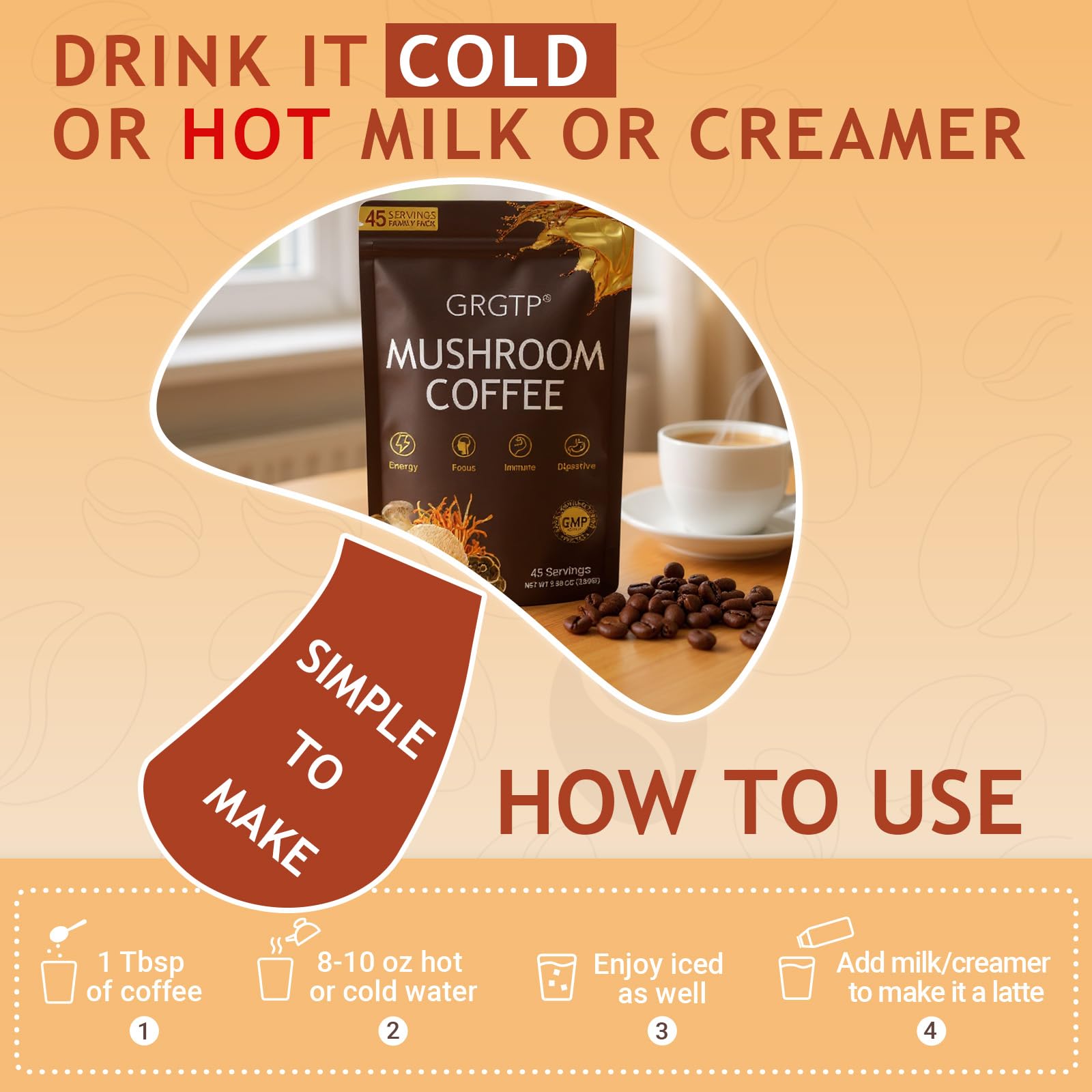 GRGTP Mushroom Coffee with creamer splash suggesting rich flavor without jitters