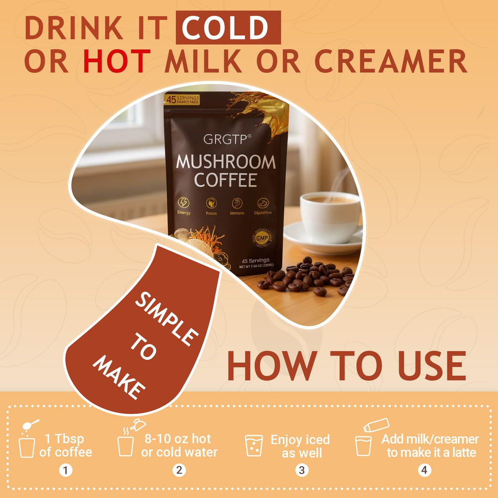 GRGTP Mushroom Coffee with creamer splash suggesting rich flavor without jitters