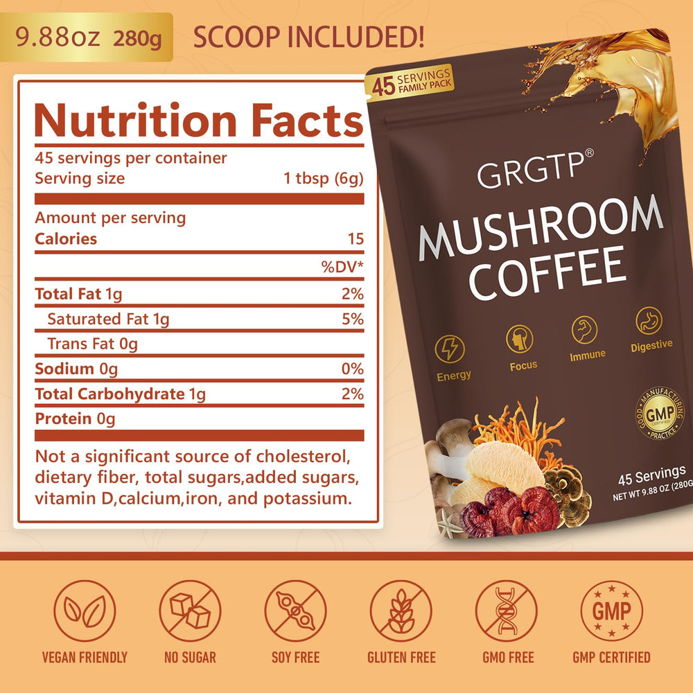 GRGTP Mushroom Coffee energy and focus cue for daytime use.
