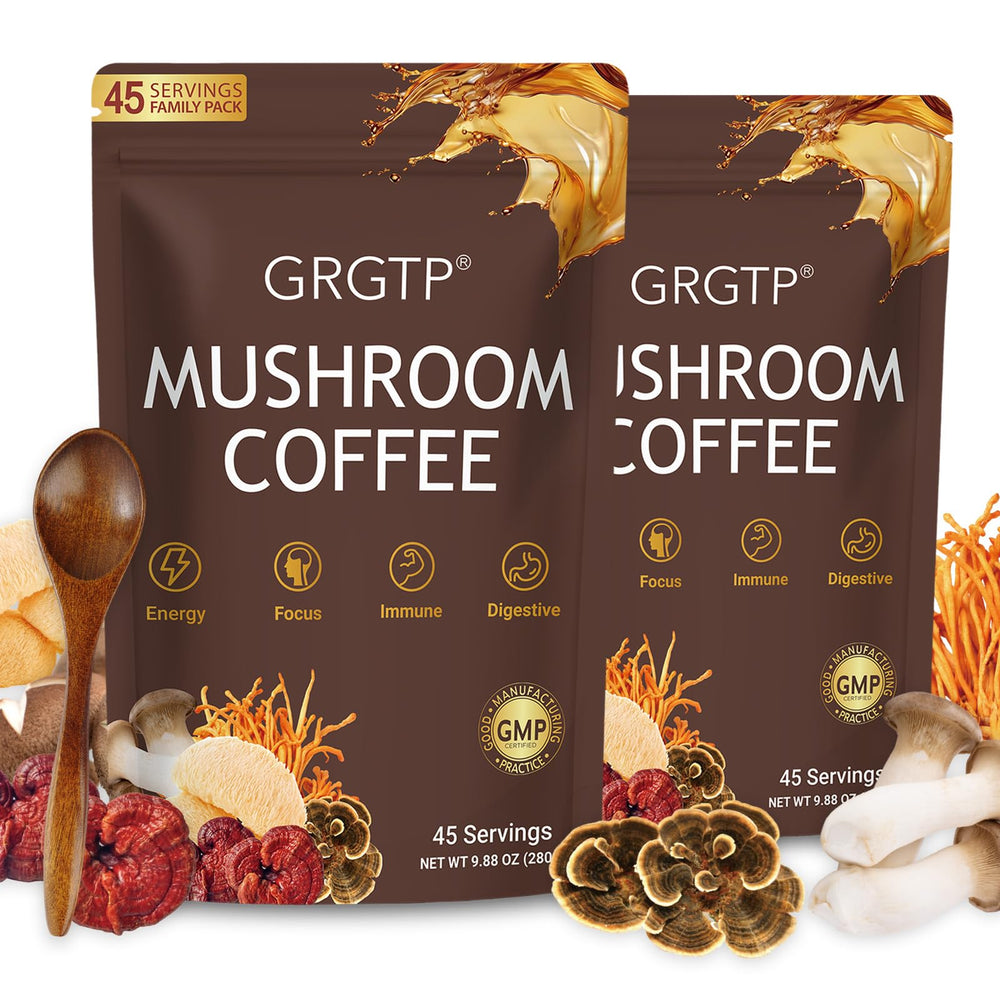 GRGTP Mushroom Coffee front packaging showing vegan, gluten-free formula for clean energy.