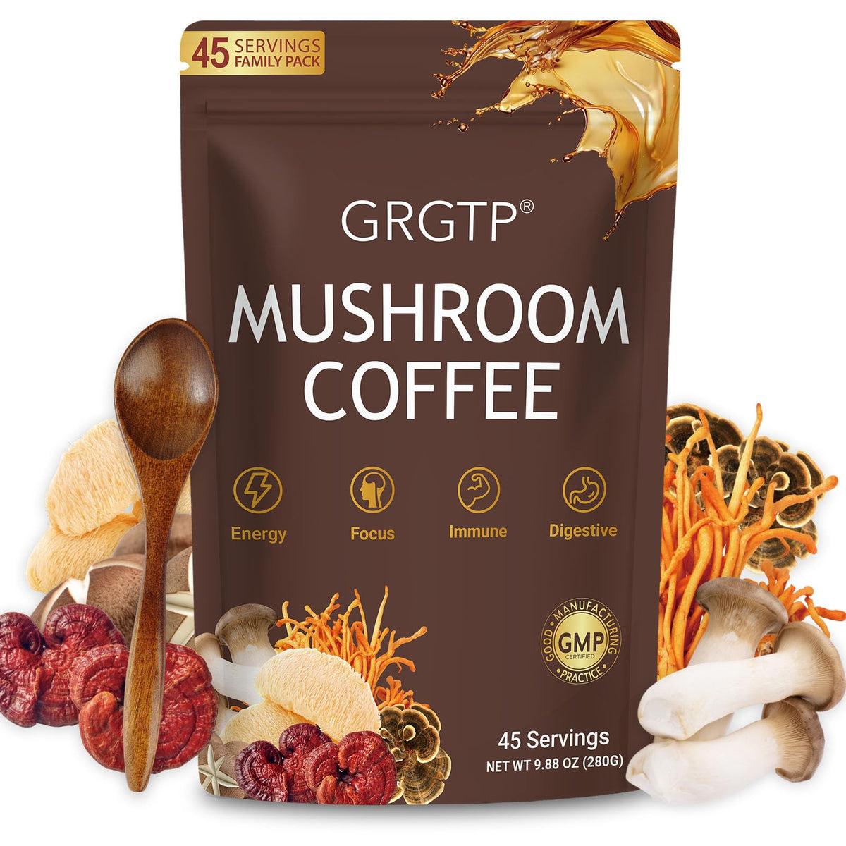 GRGTP Mushroom Coffee packaging showcases a 45-serving jar for steady, jitter-free energy