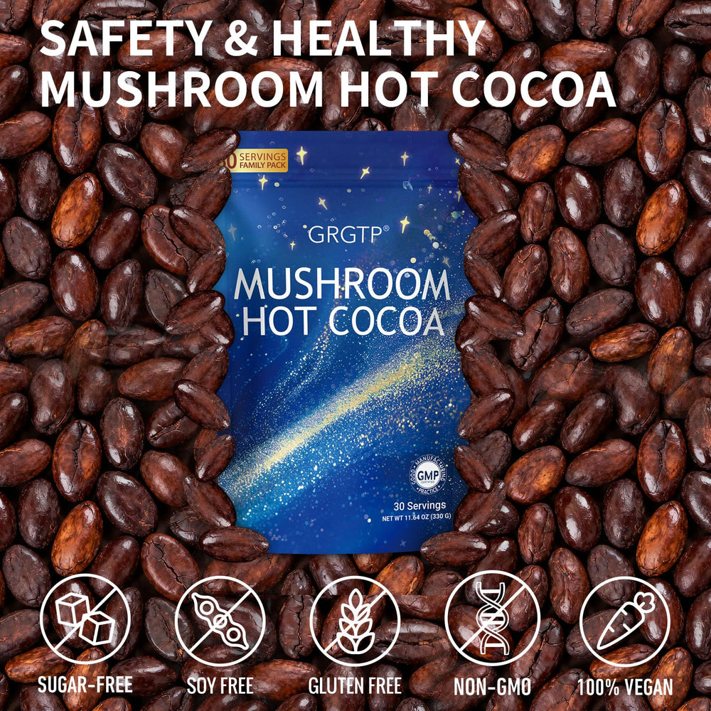 GRGTP Mushroom Hot Cocoa pantry-ready, resealable bag preserves freshness.