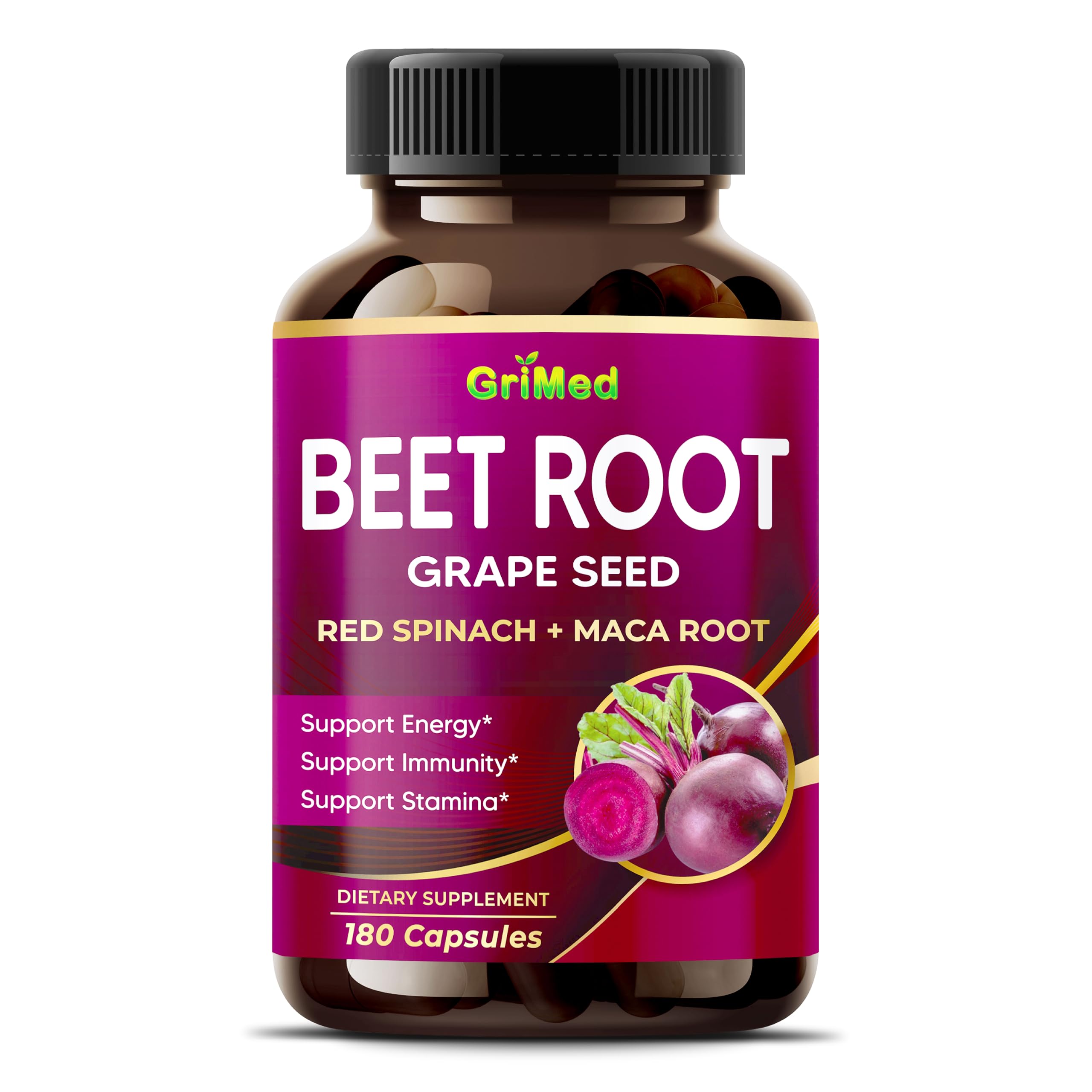 GriMed Beet Root Capsules bottle shown for daily energy and vitality