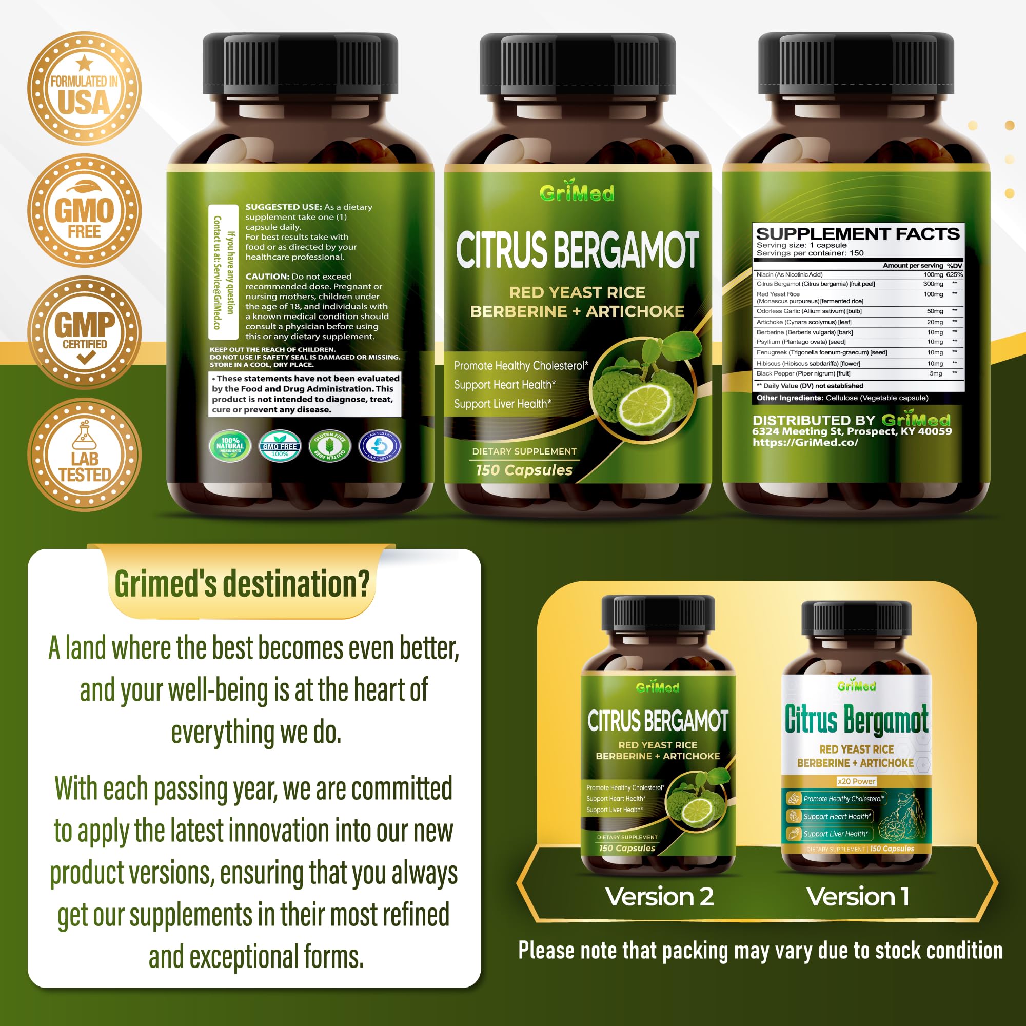 GriMed bottle with dosing guide for daily use.