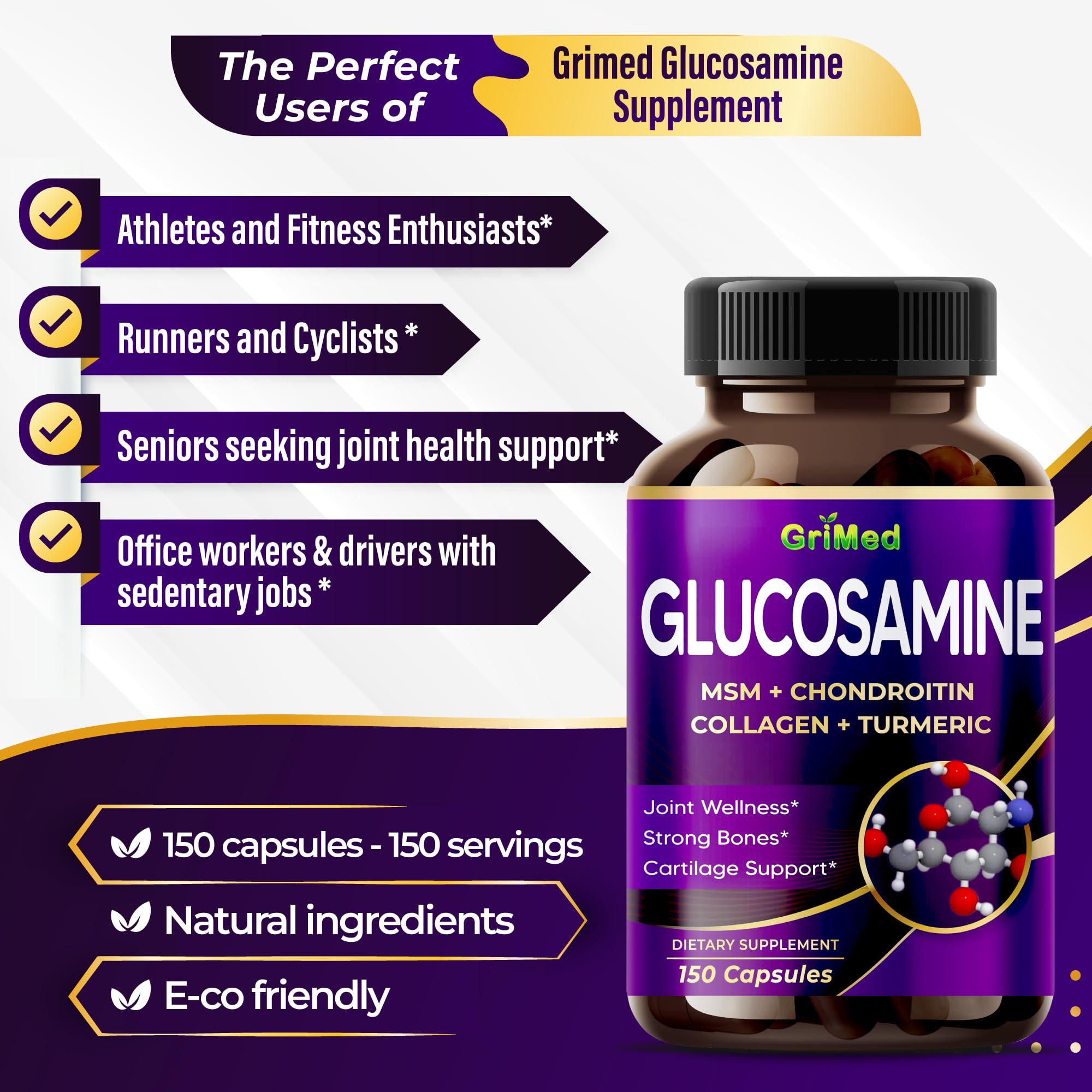 GriMed Glucosamine blend with D3, MSM, and chondroitin promotes comprehensive joint care.