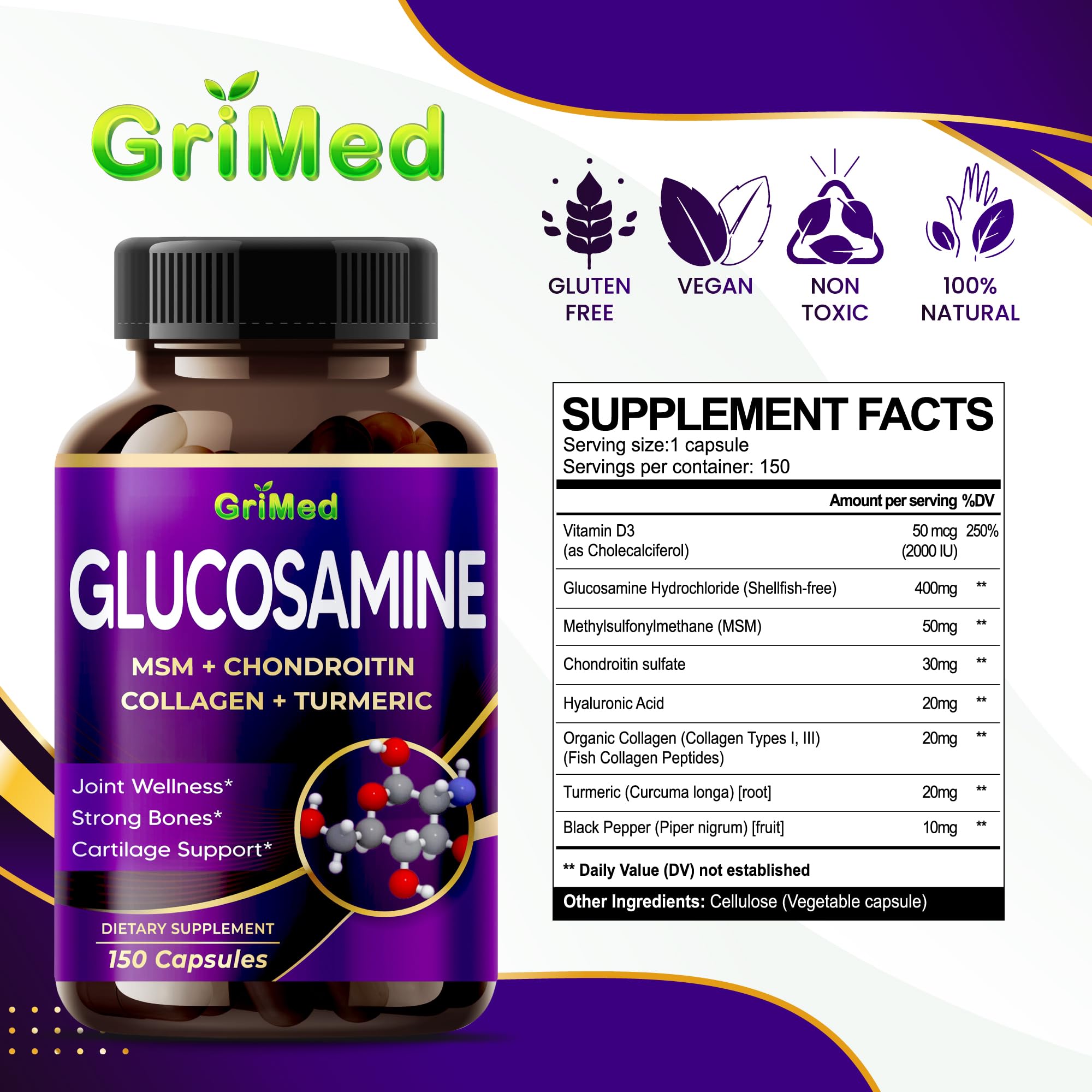 GriMed Glucosamine label showcases ingredients like MSM, collagen, and turmeric.