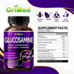 GriMed Glucosamine label showcases ingredients like MSM, collagen, and turmeric.