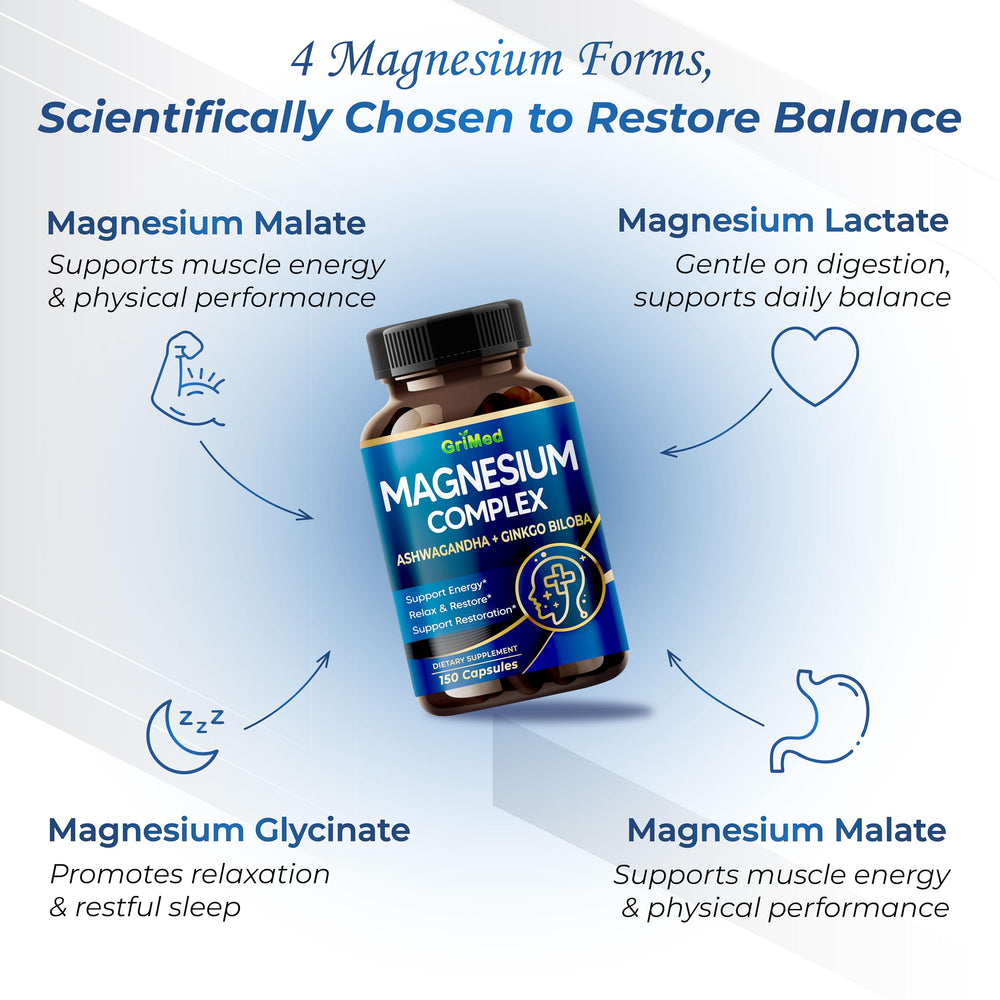 GriMed Magnesium Complex capsules with Ashwagandha for calm focus.