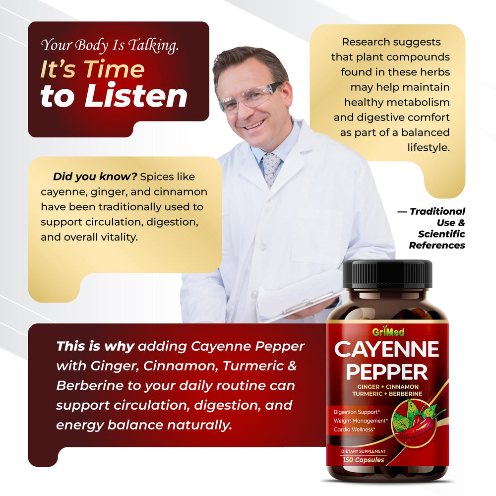 GriMed Cayenne blend with ginger, cinnamon, and turmeric for gut comfort.