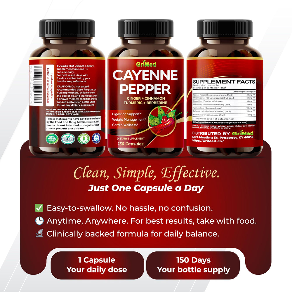 GriMed Ultra Cayenne Pepper packaging highlighting a 150-count supply.