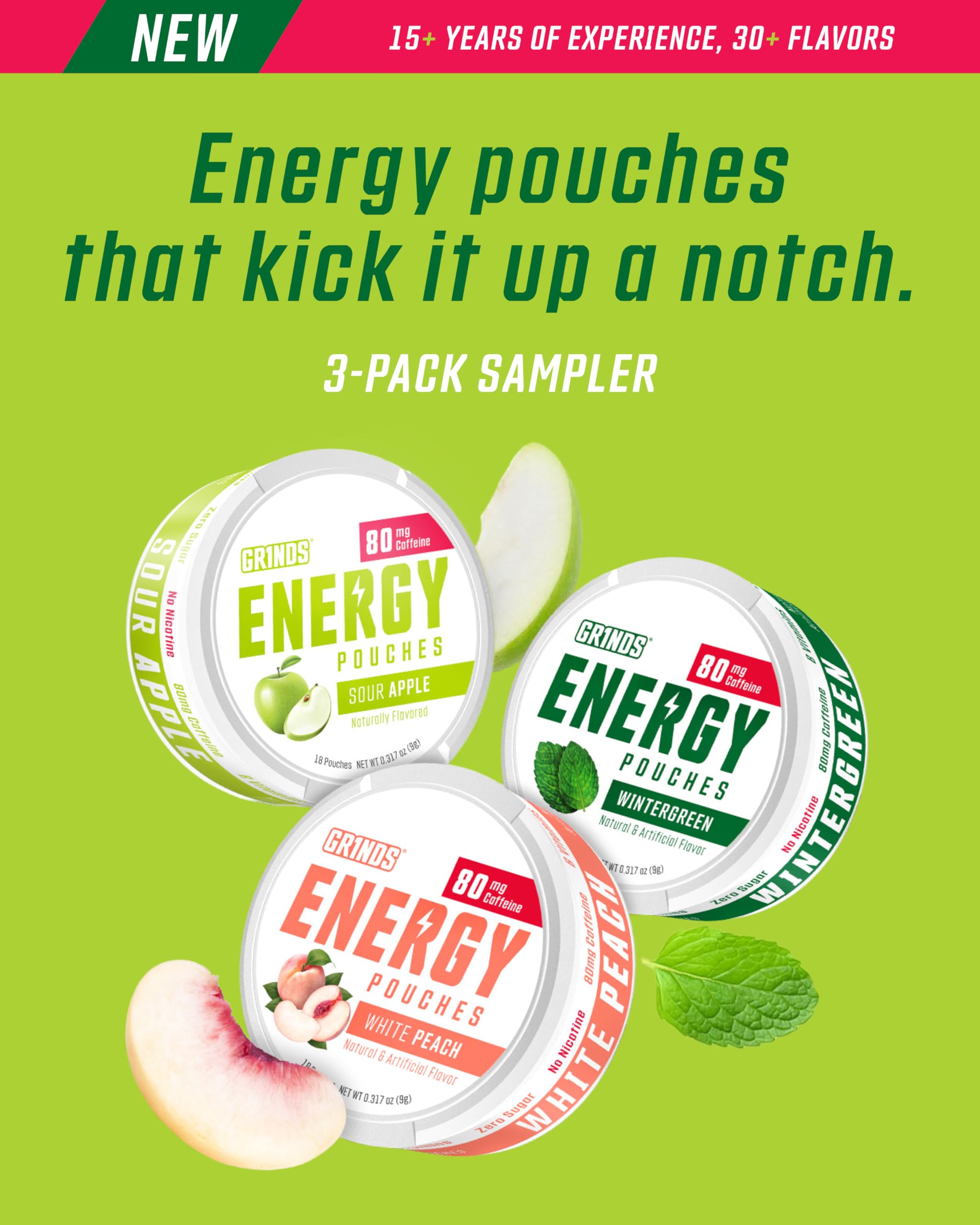 GRINDS energy pouches Sour Apple can, sugar-free pick-me-up anywhere