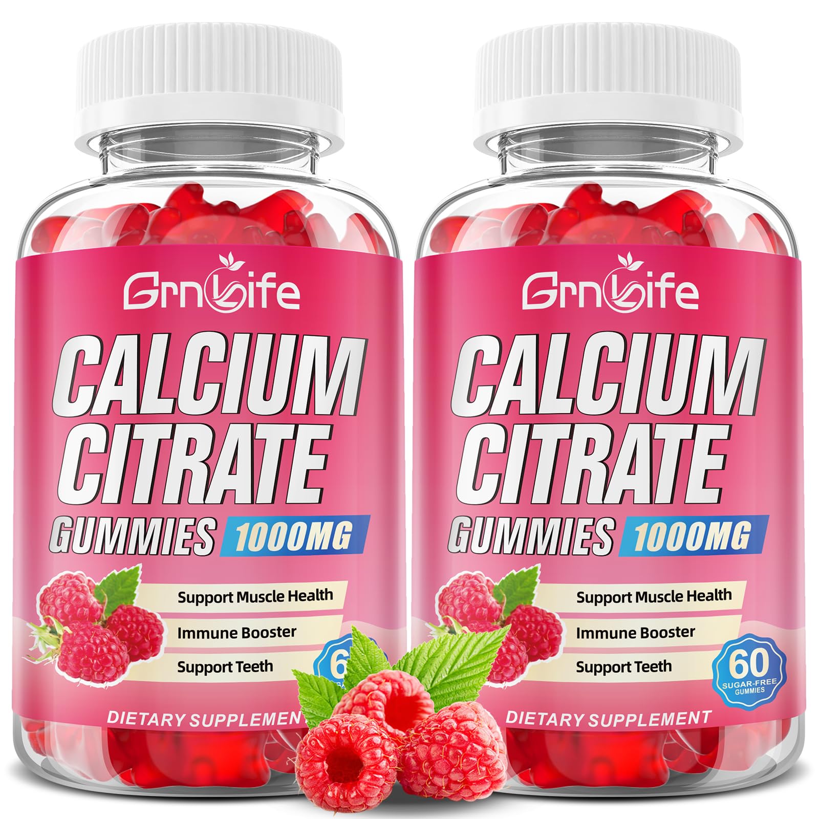 GrnLife calcium citrate gummies raspberry bottle front for easy daily calcium intake