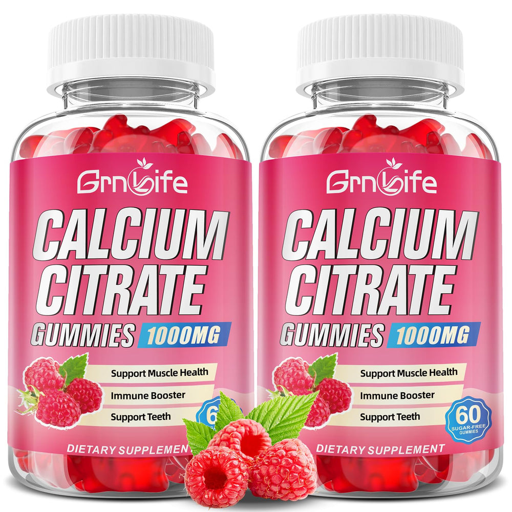 GrnLife calcium citrate gummies raspberry bottle front for easy daily calcium intake