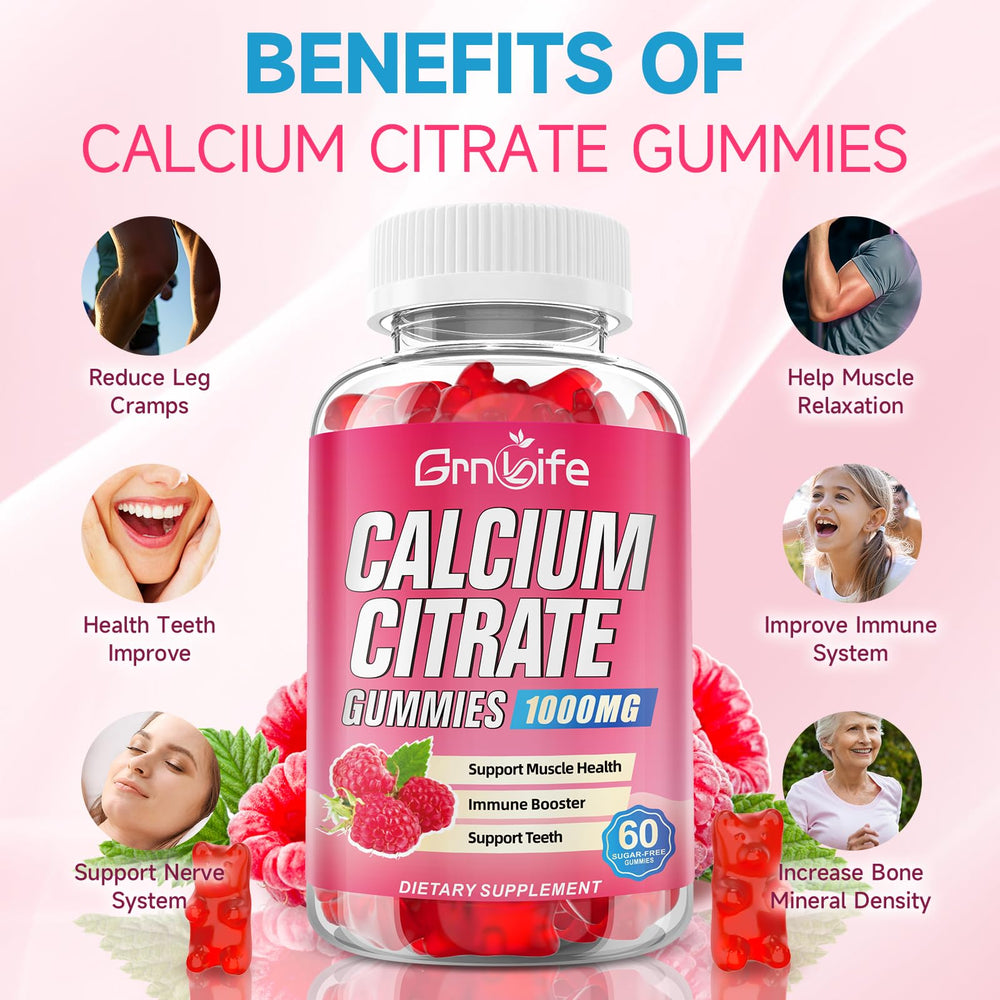 GrnLife calcium citrate gummies raspberry gummies close-up with soft chew texture