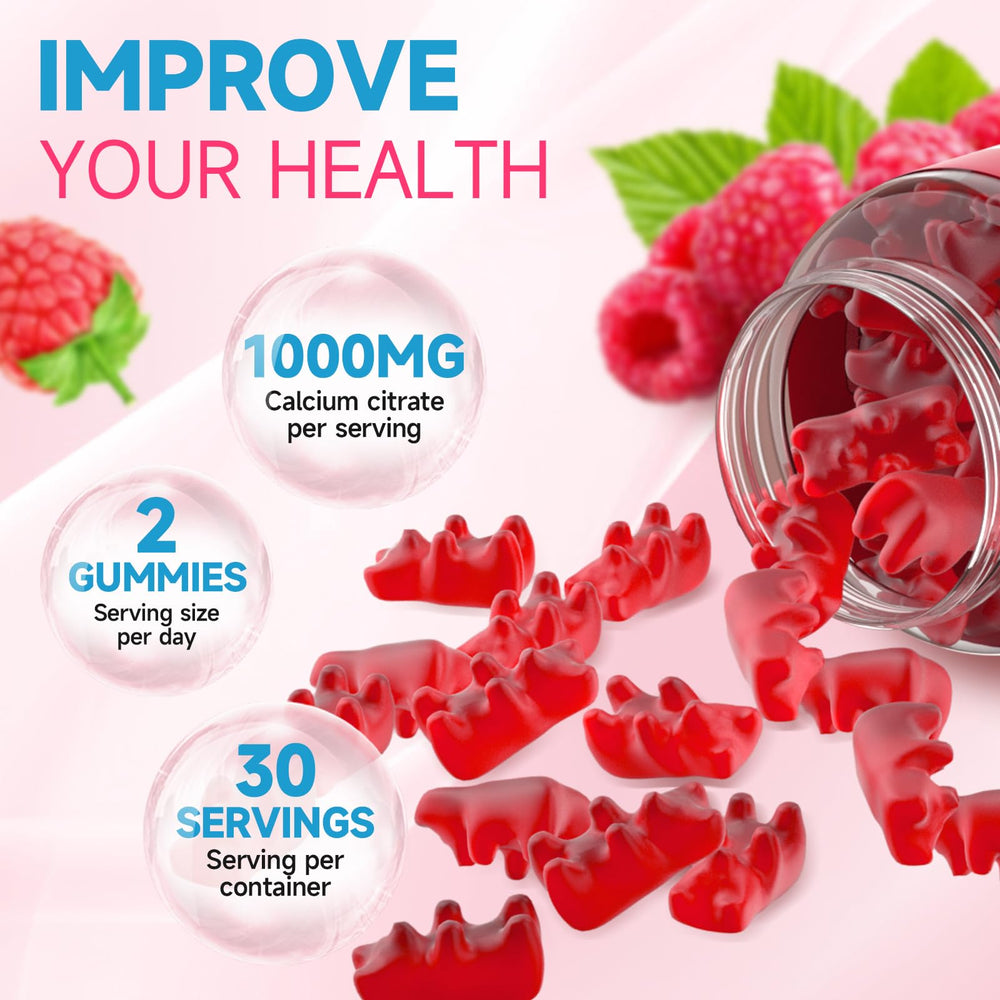 GrnLife calcium citrate gummies raspberry label close-up, GMP tested quality