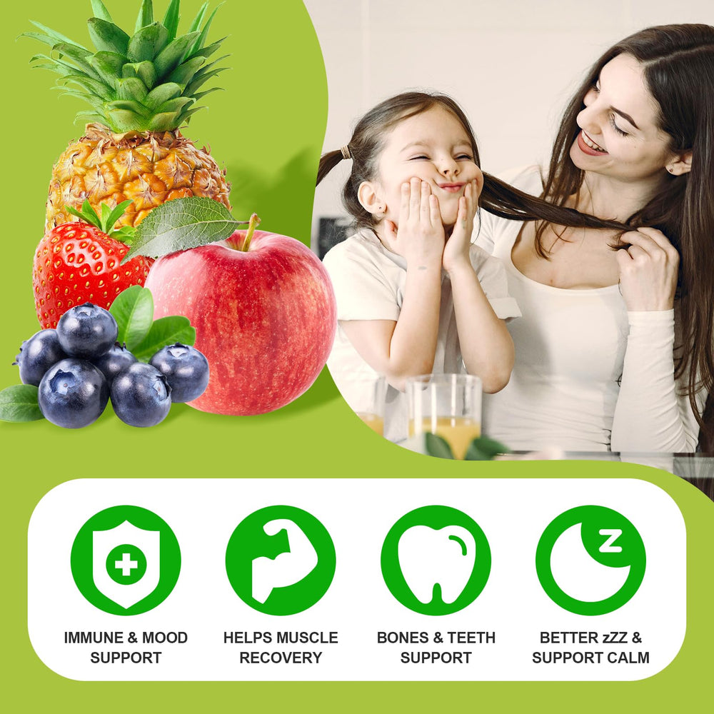 GrnLife pineapple-berry flavored calcium magnesium zinc gummies in jar.