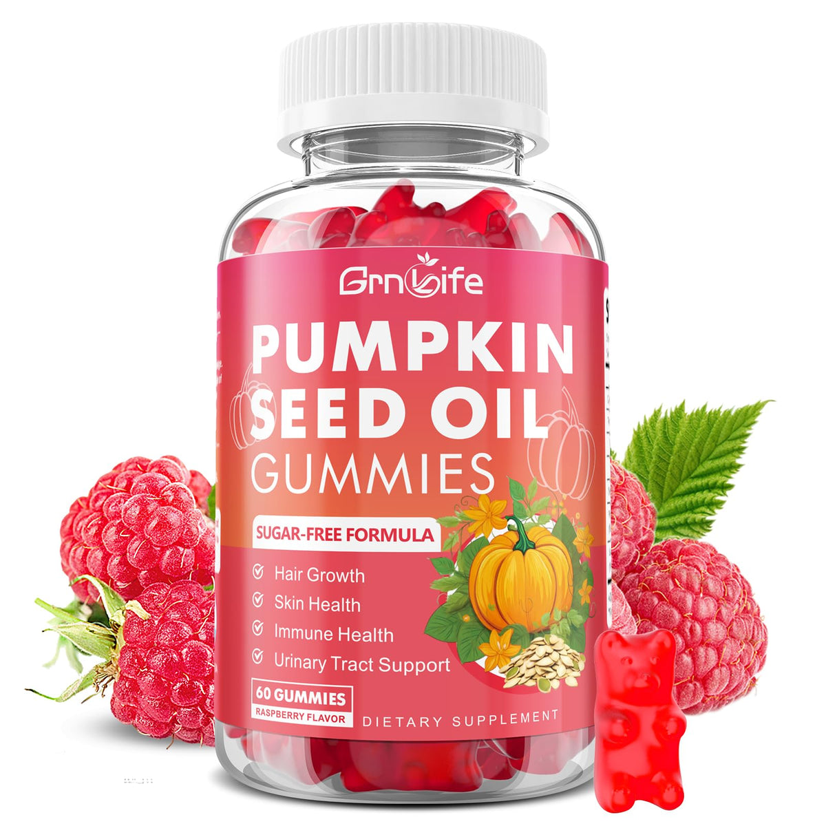 GrnLife pumpkin seed oil gummies bottle showing rich formula for hair and skin support