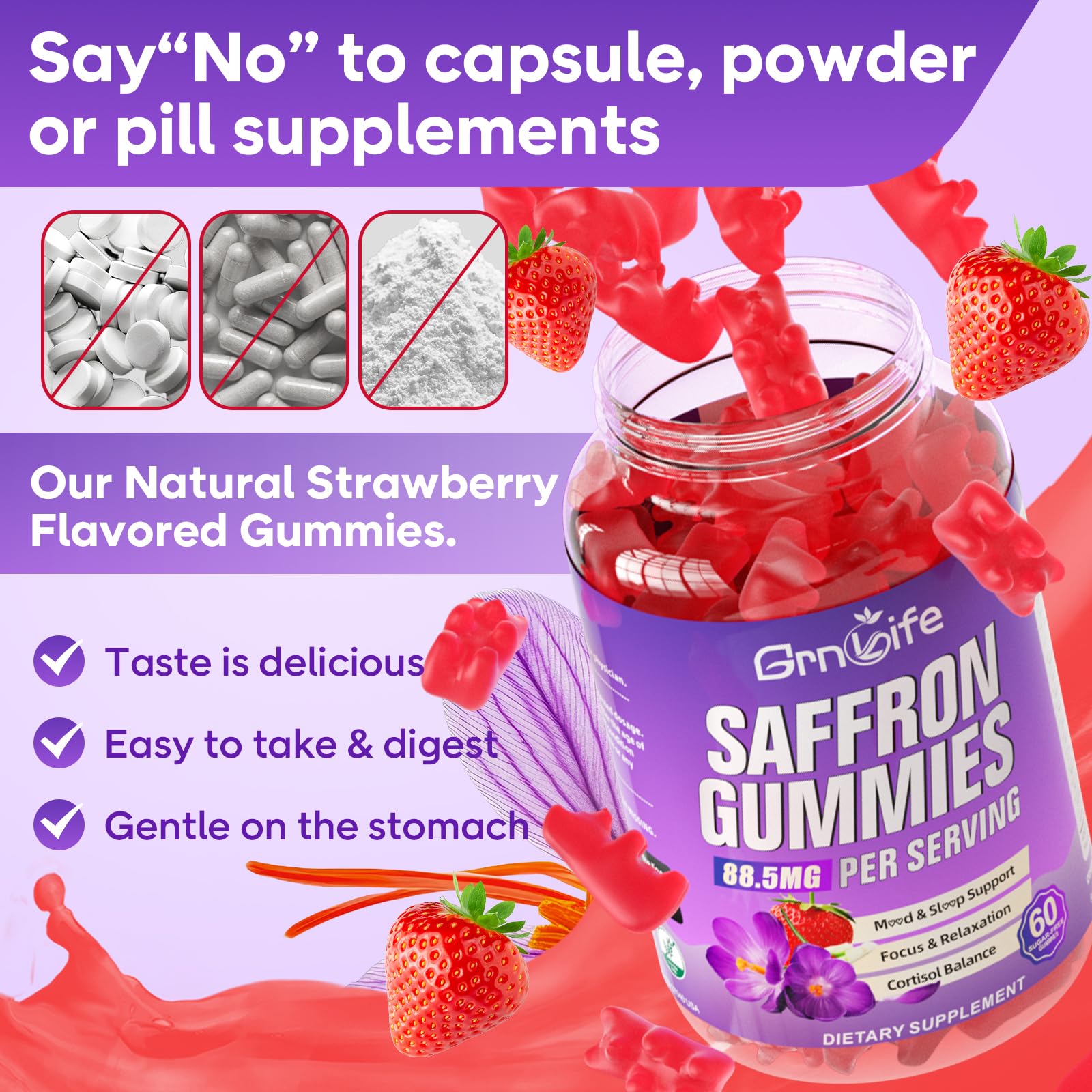GrnLife saffron gummies 30-day supply per bottle visualization.