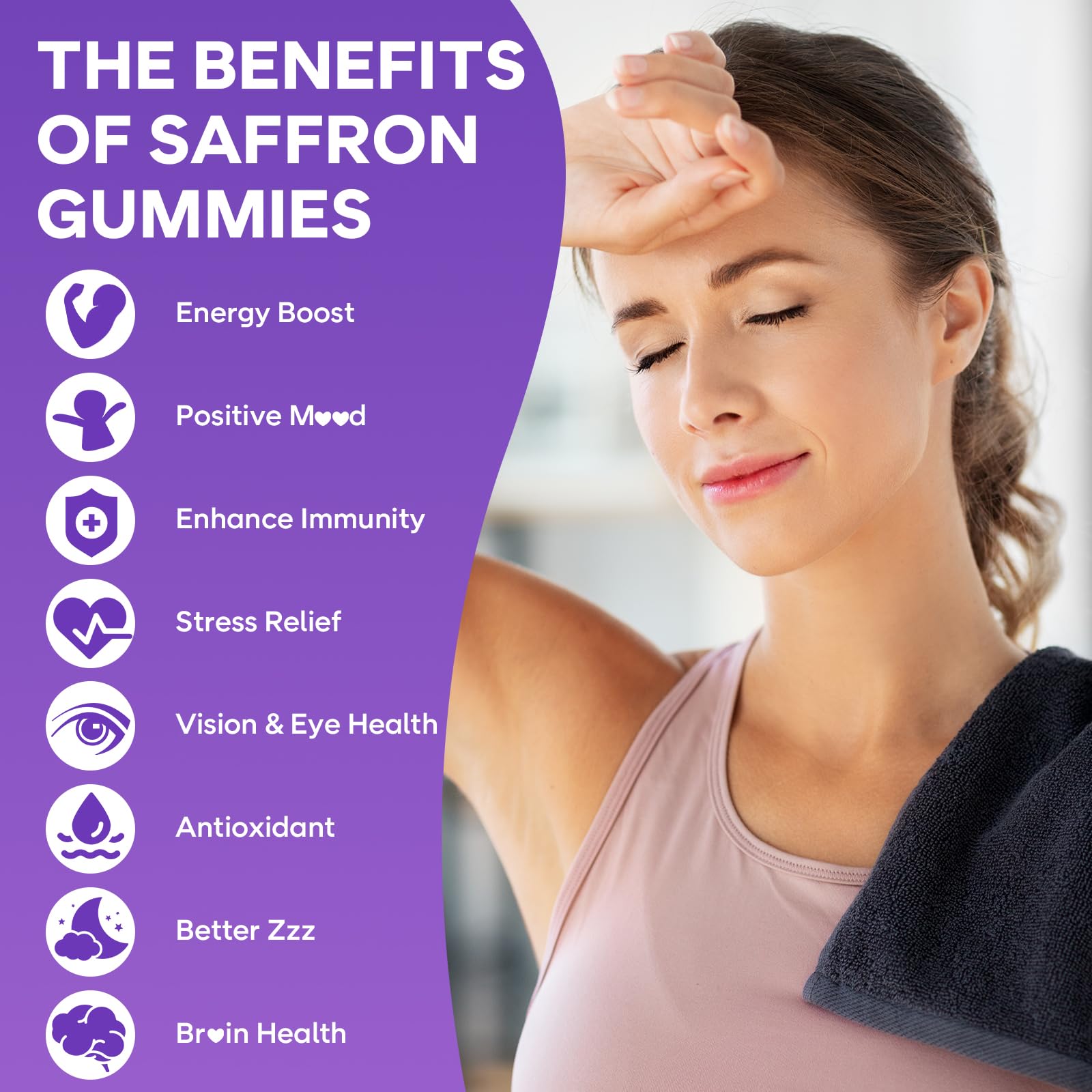GrnLife saffron gummies vitamin D3 and B6 icons indicating nutrient support.