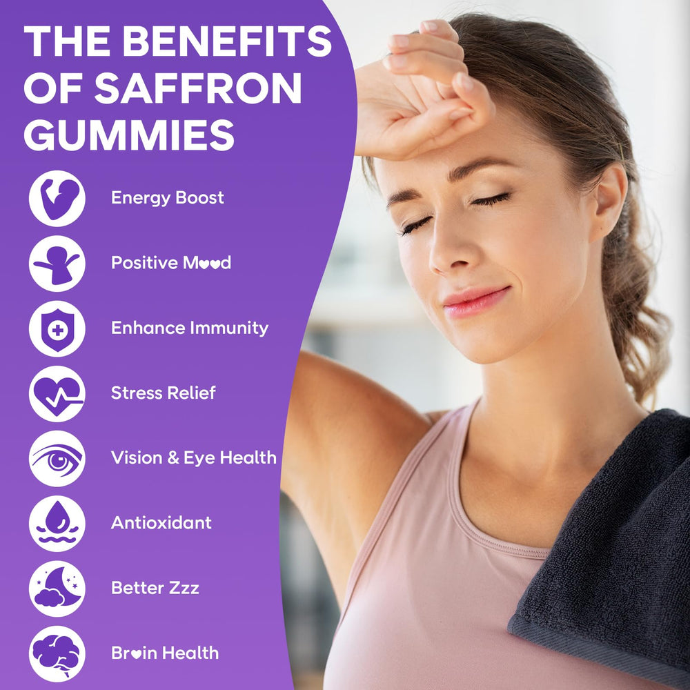 GrnLife saffron gummies vitamin D3 and B6 icons indicating nutrient support.