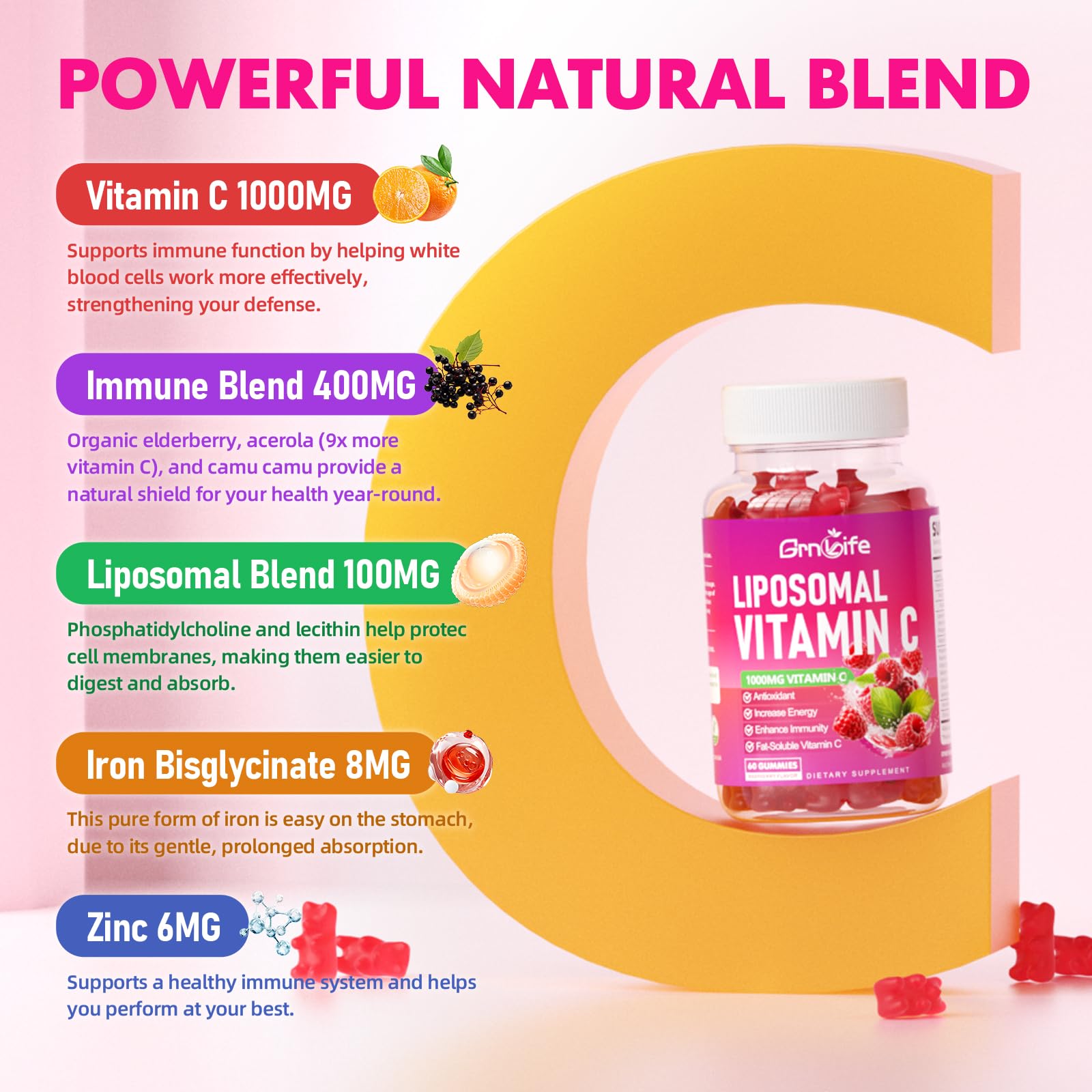 GrnLife vitamin C with iron, zinc and elderberry on the label highlights enhanced absorption