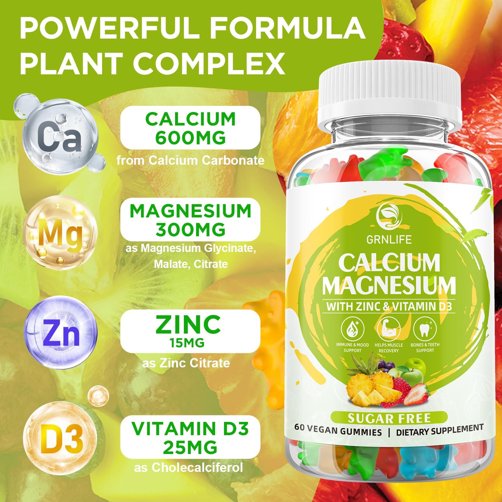 GrnLife vitamin D3 gummies bottle emphasizing immune support without sugar.